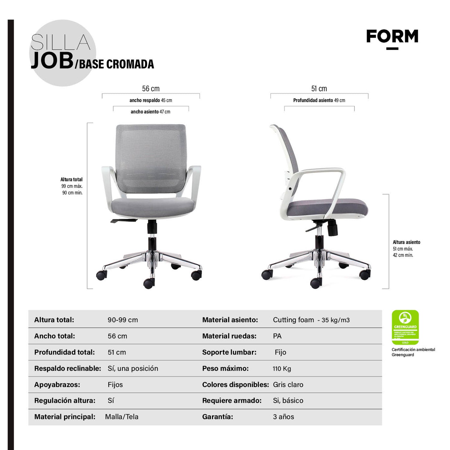 Silla Oficina Job Base Cromada Gris Claro - Vontak - Sillas Operativas