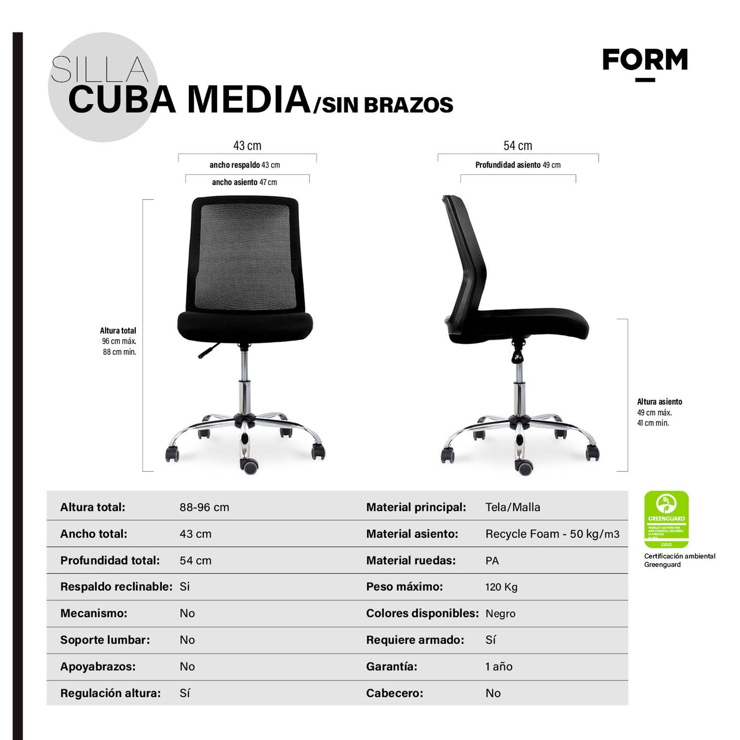Silla de escritorio Cuba media sin brazos - Vontak - Sillas Operativas