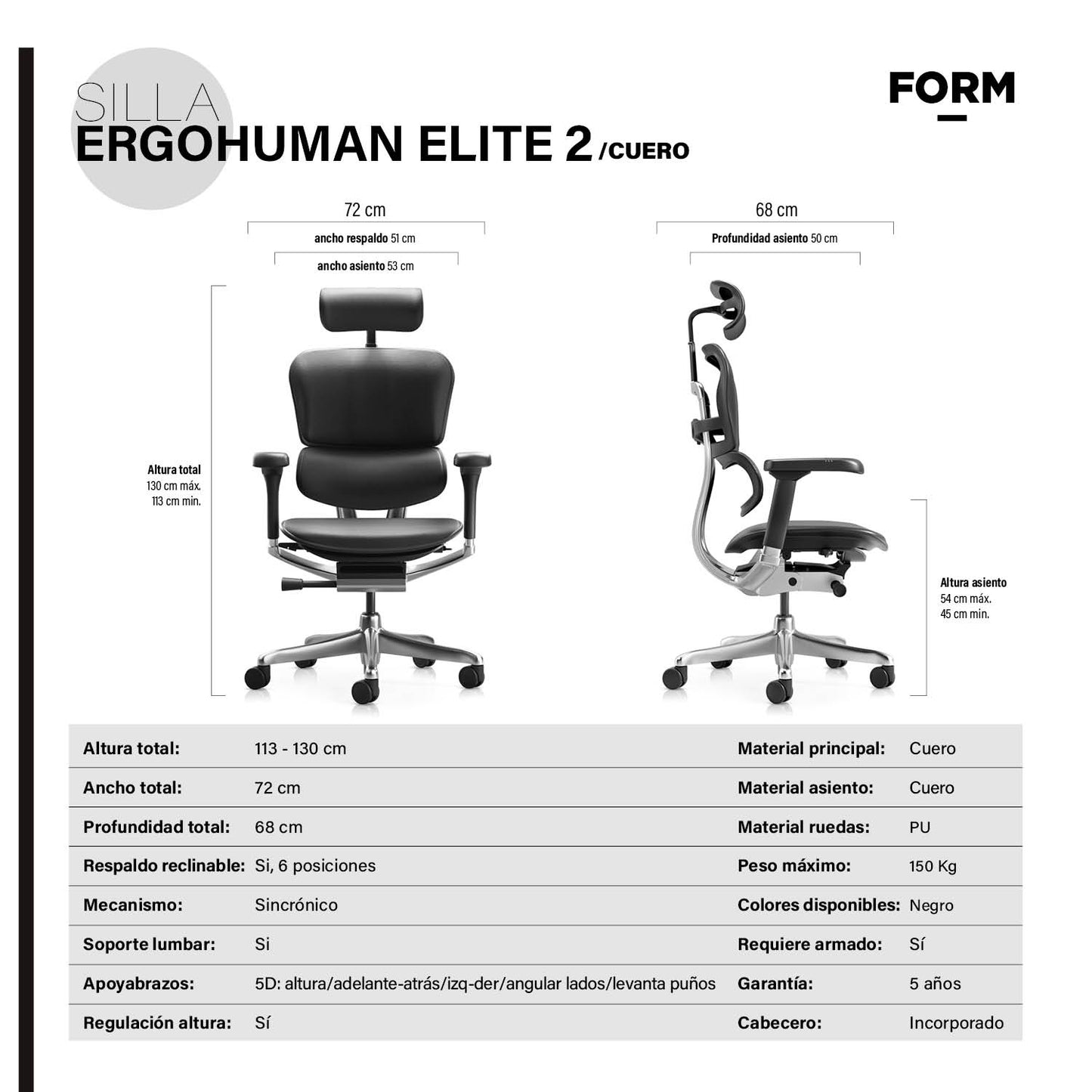 Silla Ergohuman Elite 2 Cuero Negro c/cabecero - Vontak - Sillas Ejecutivas