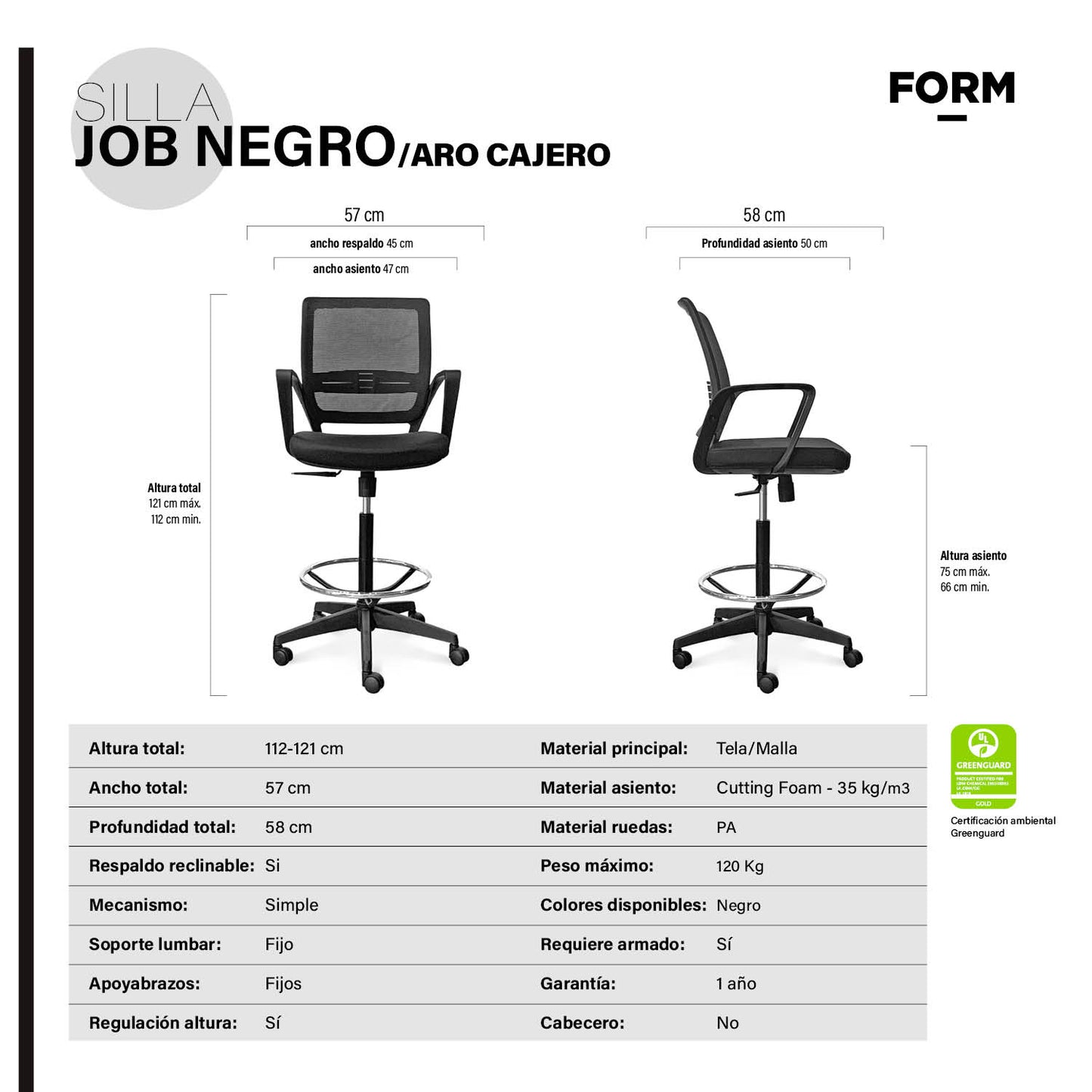 Silla Oficina Job con Aro Cajero Negro - Vontak - Sillas Operativas