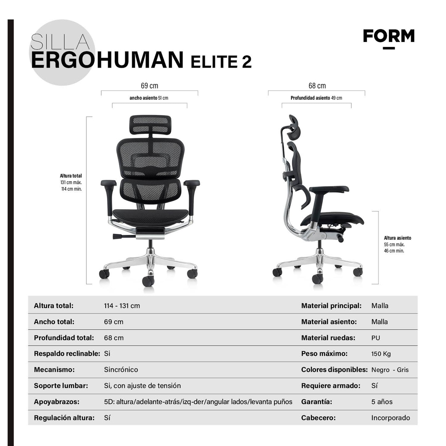 Silla Ergohuman Elite 2 Negro c/cabecero - Vontak - Sillas Ejecutivas