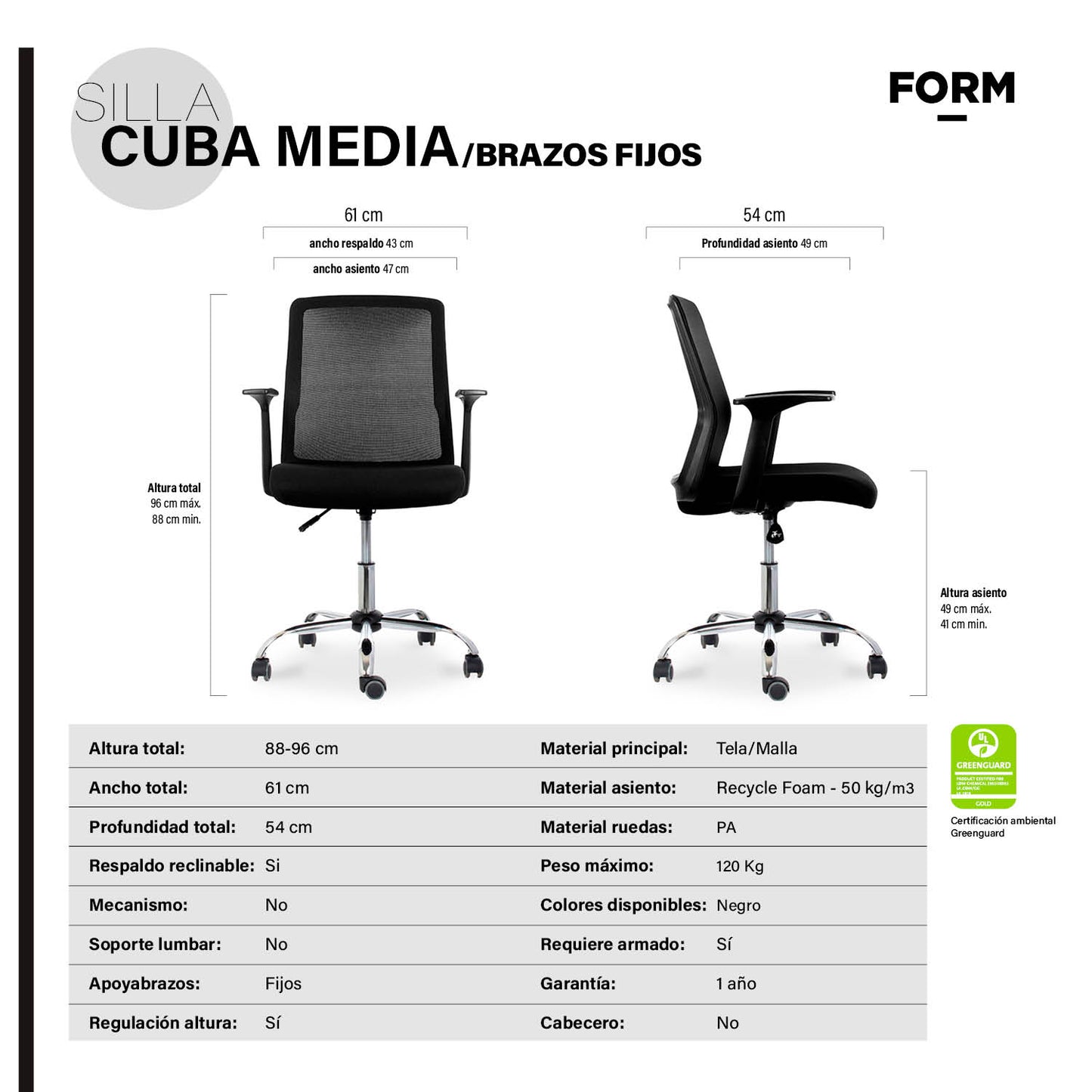 Silla de escritorio Cuba Media brazos fijos - Vontak - Sillas Operativas