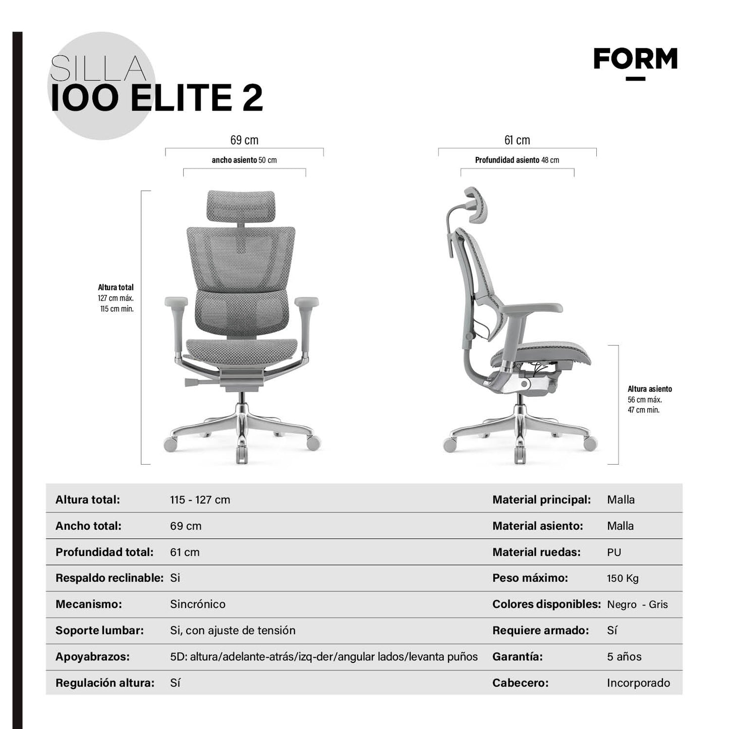 Silla IOO Elite 2 Gris Claro - Vontak - Sillas Ejecutivas