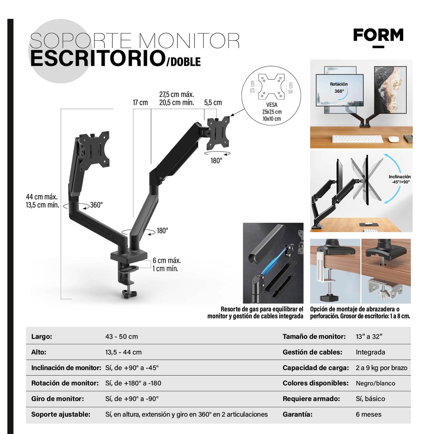 Soporte Monitor Escritorio Doble Negro - Vontak - Accesorios Oficina