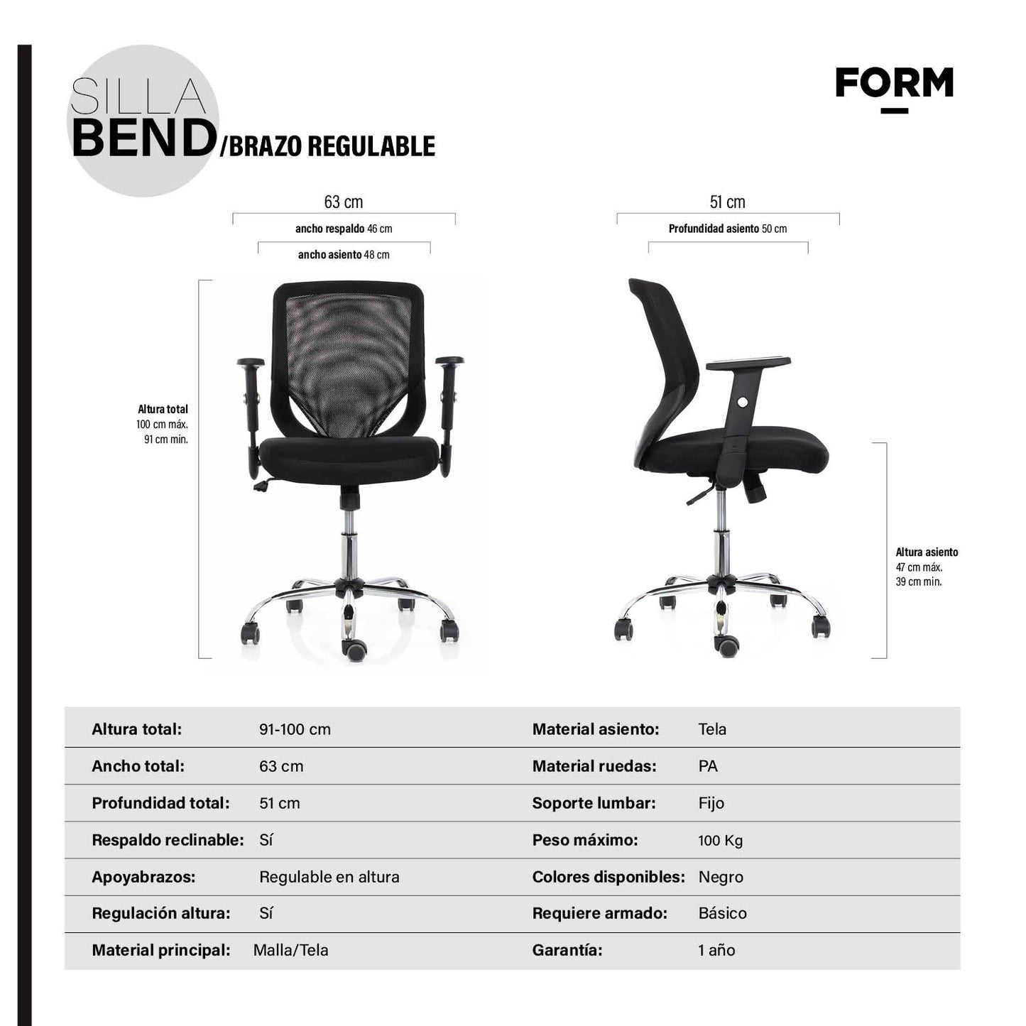Silla Escritorio Bend Brazo regulable - Vontak - Sillas Operativas
