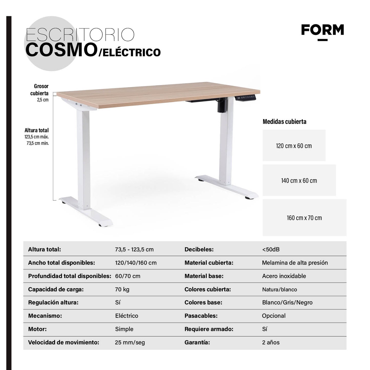 Escritorio Cosmo Eléctrico con Pasacables 160x70