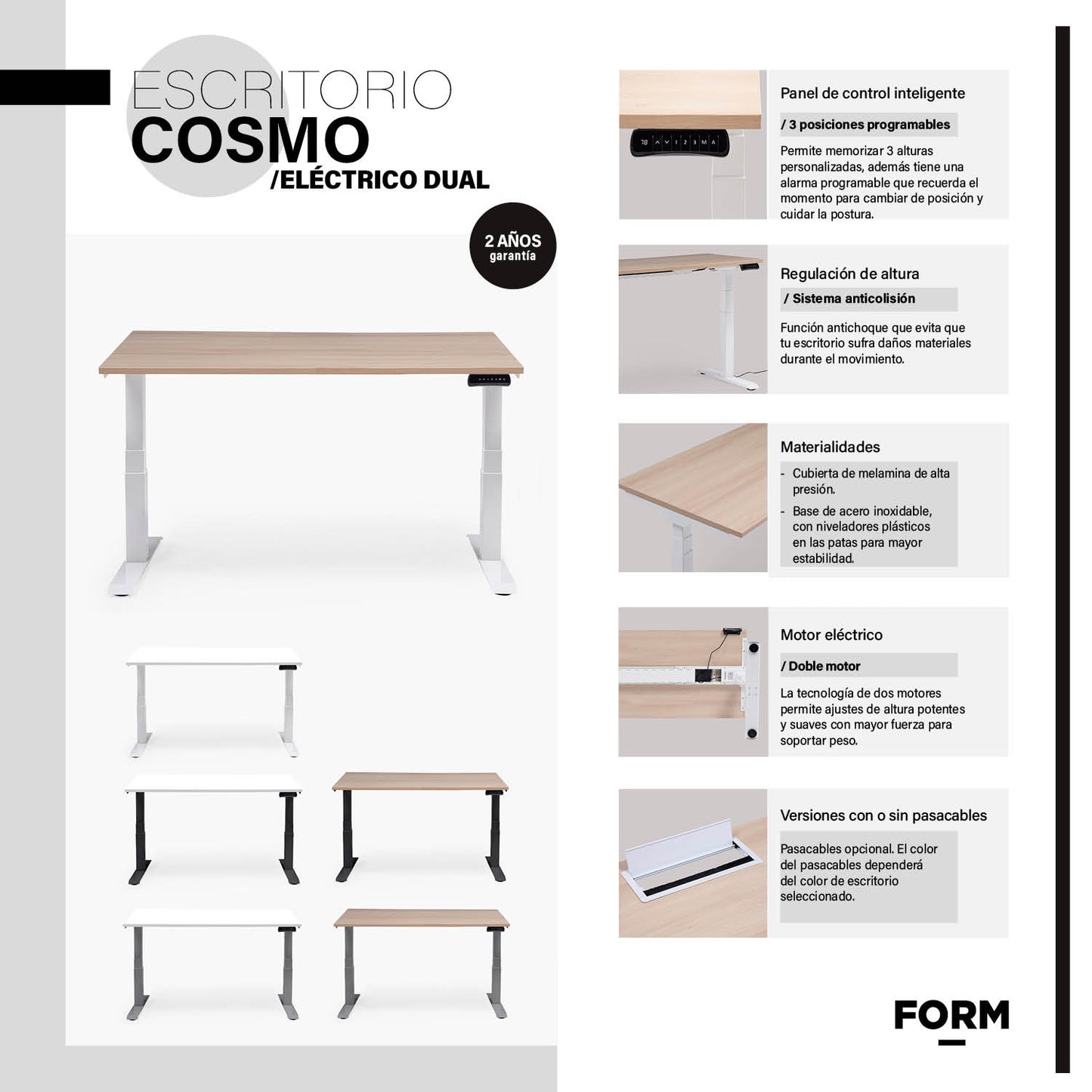 Escritorio Cosmo Eléctrico Dual con Pasacables 160x70