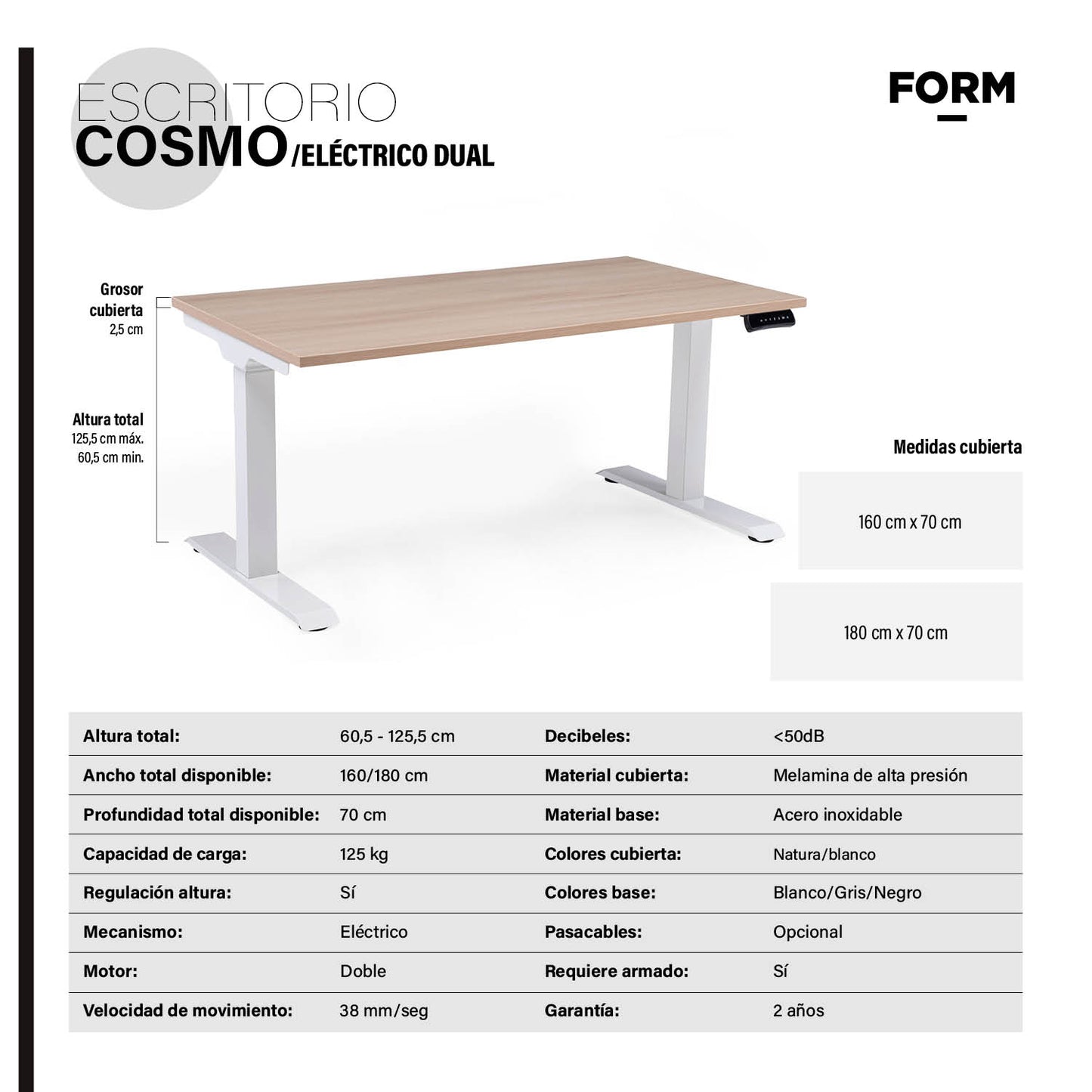 Escritorio Cosmo Eléctrico Dual con Pasacables 160x70