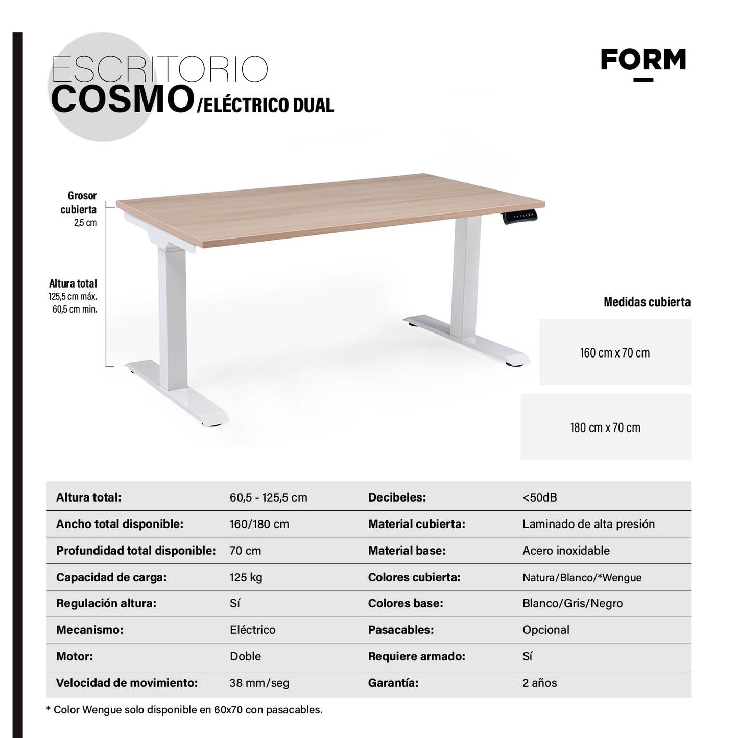 Escritorio Cosmo Eléctrico Dual con Pasacables 180x70