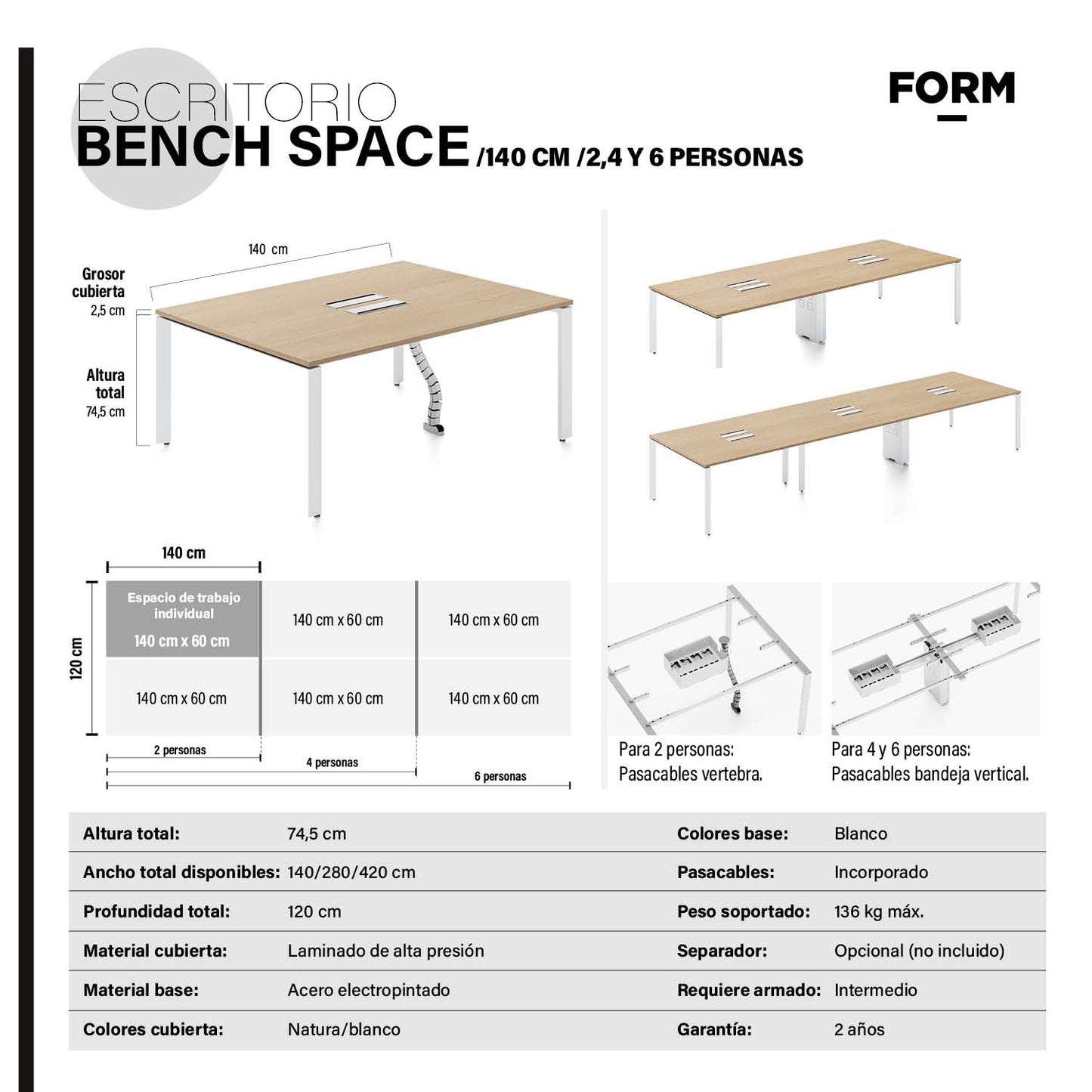Escritorio Space con pasacables 140 Bench Natura/Blanco 6 pers