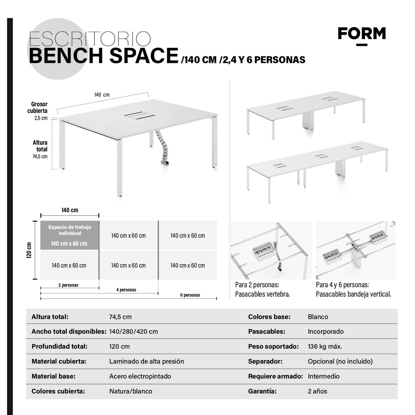 Escritorio Space con pasacables 140 Bench Blanco/Blanco 6 pers