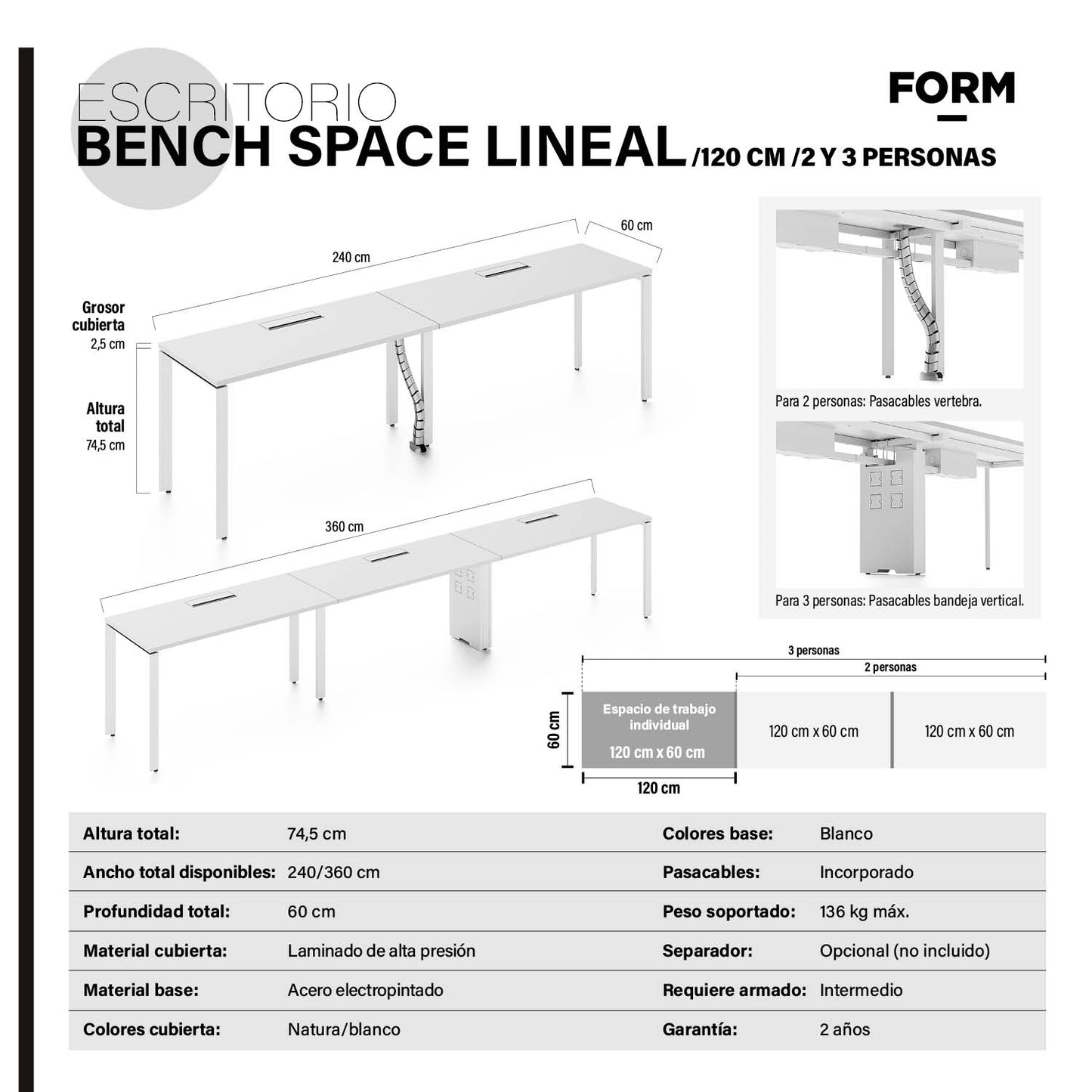 Escritorio Space con pasacables 120 Bench Lineal Blanco/Blanco 3 pers