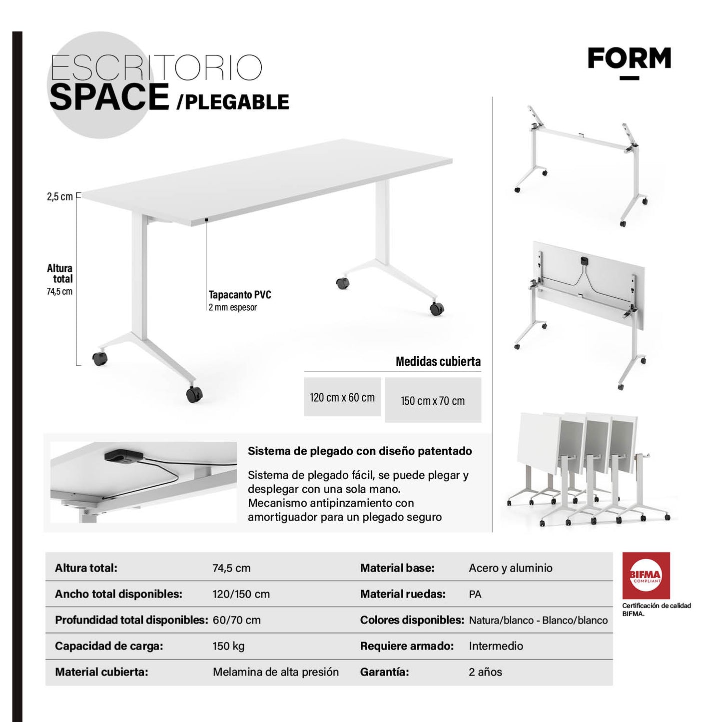 Escritorio Space Plegable 150x70 Blanco/Blanco - Vontak - Escritorios
