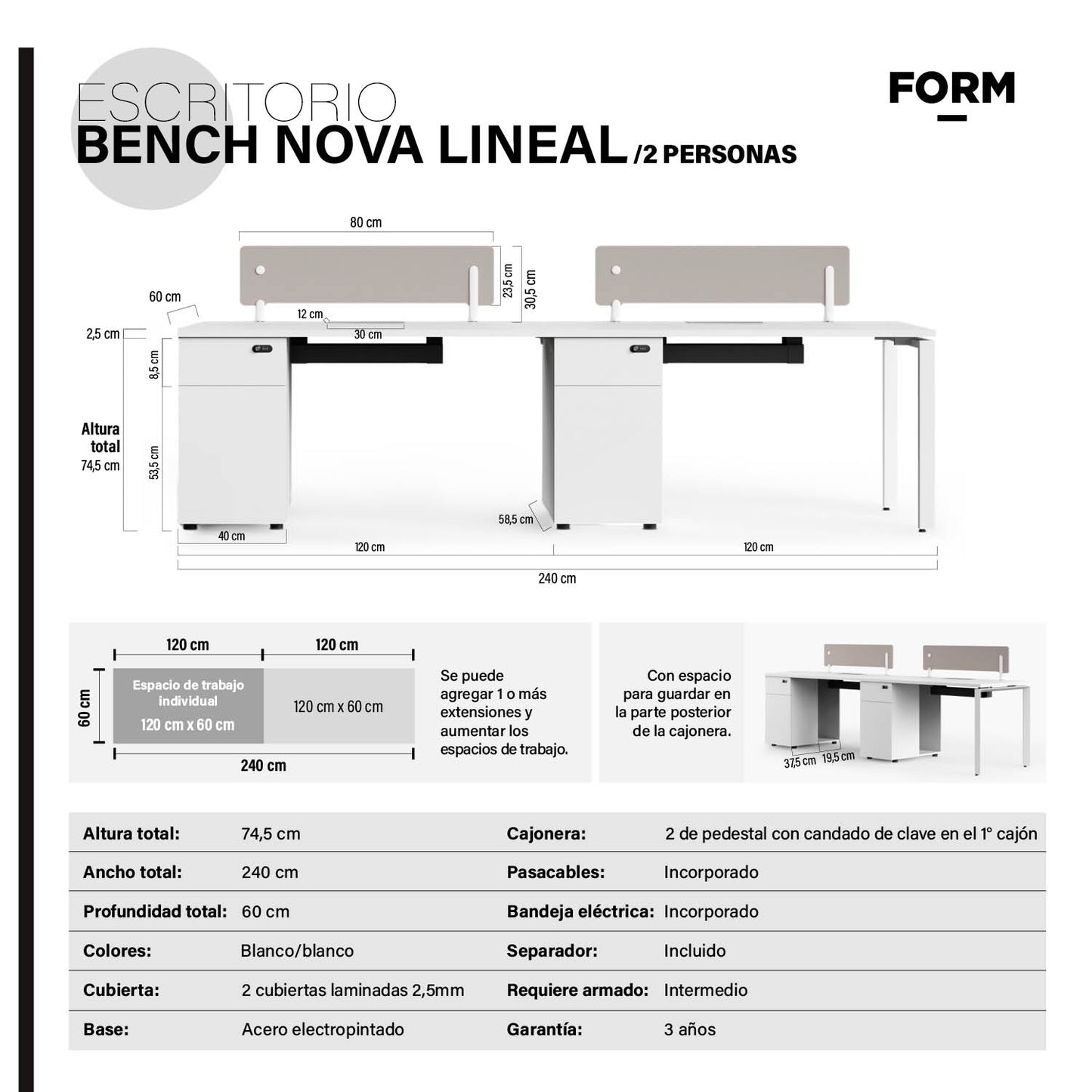Escritorio Nova 120 Bench Lineal Blanco/Blanco