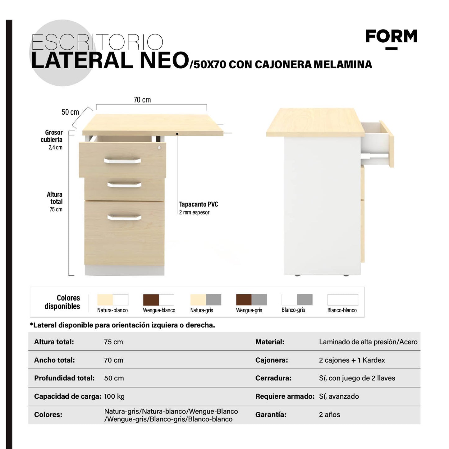 Escritorio Lateral Neo 50x70 con cajonera melamina