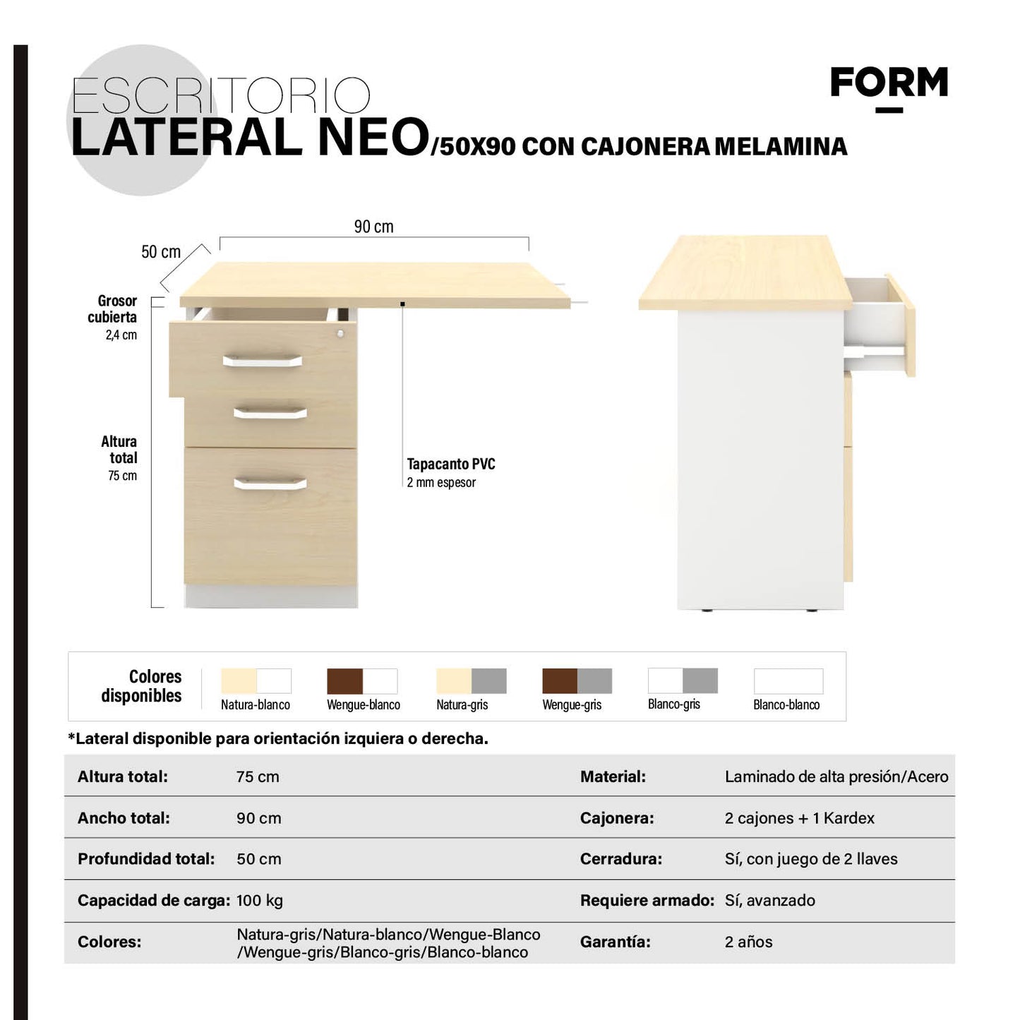 Escritorio Lateral Neo 50x90 con cajonera melamina