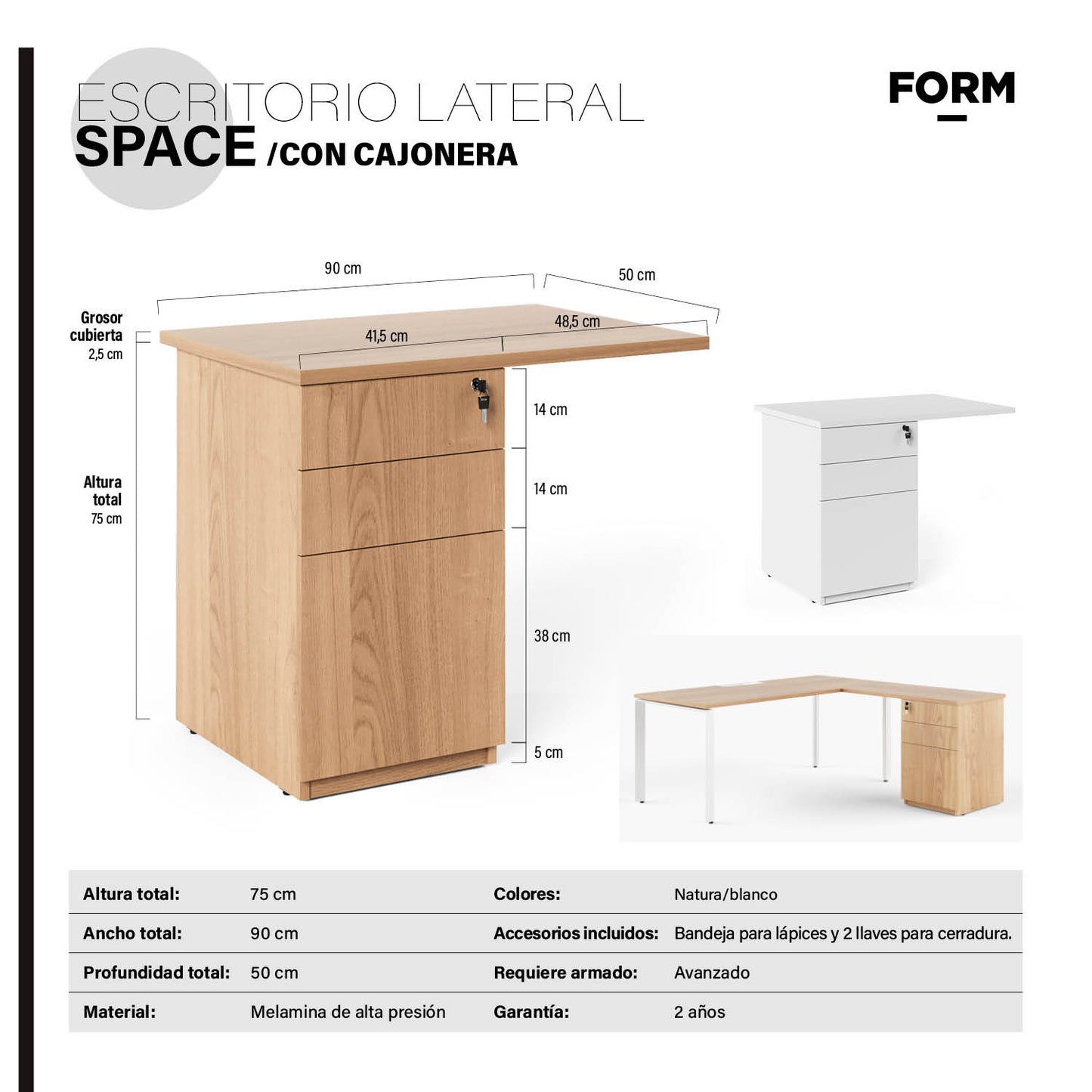 Lateral c/cajonera para Escritorio Space 50x90 Natura/Blanco - Vontak - Escritorios