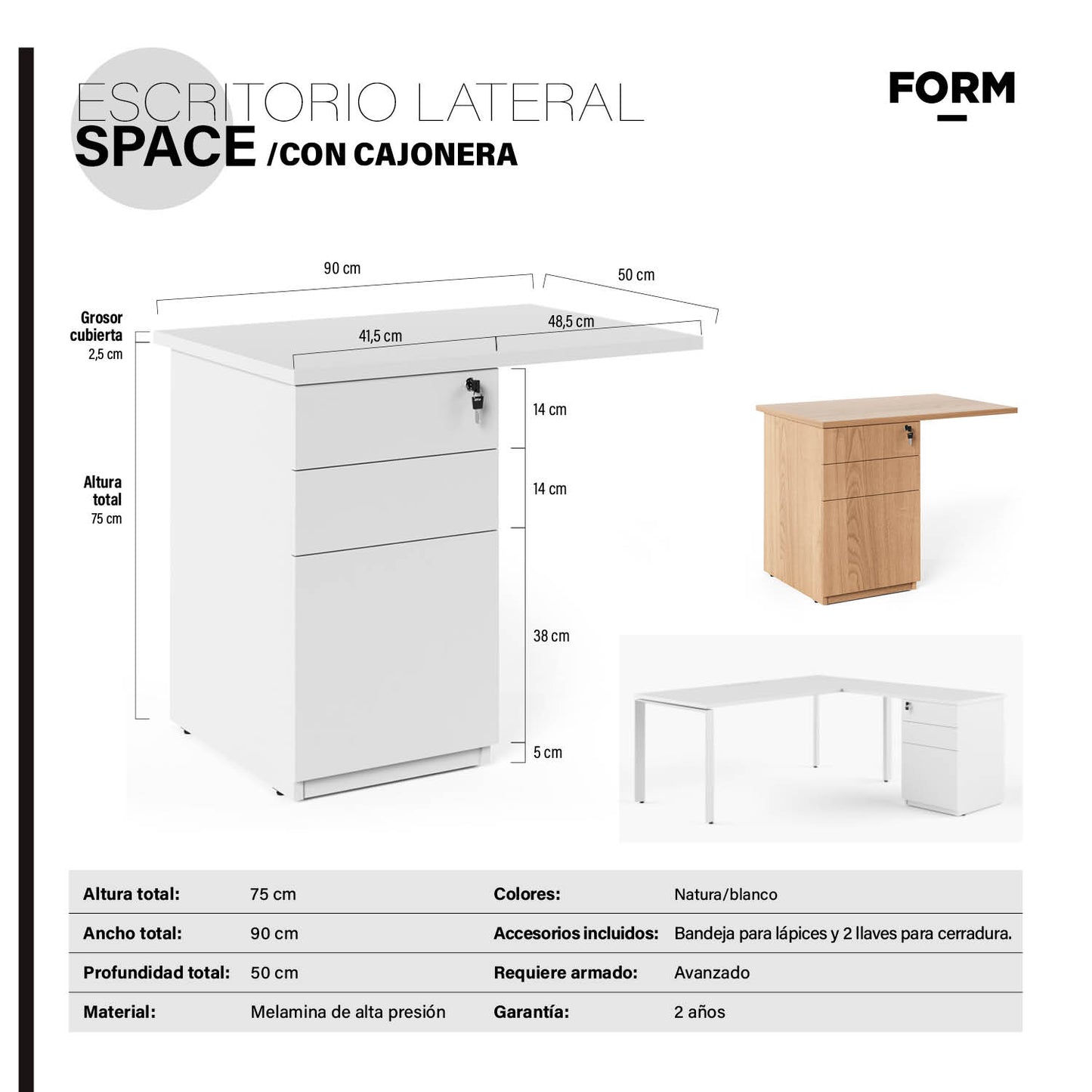 Lateral c/cajonera para Escritorio Space 50x90 Blanco - Vontak - Escritorios