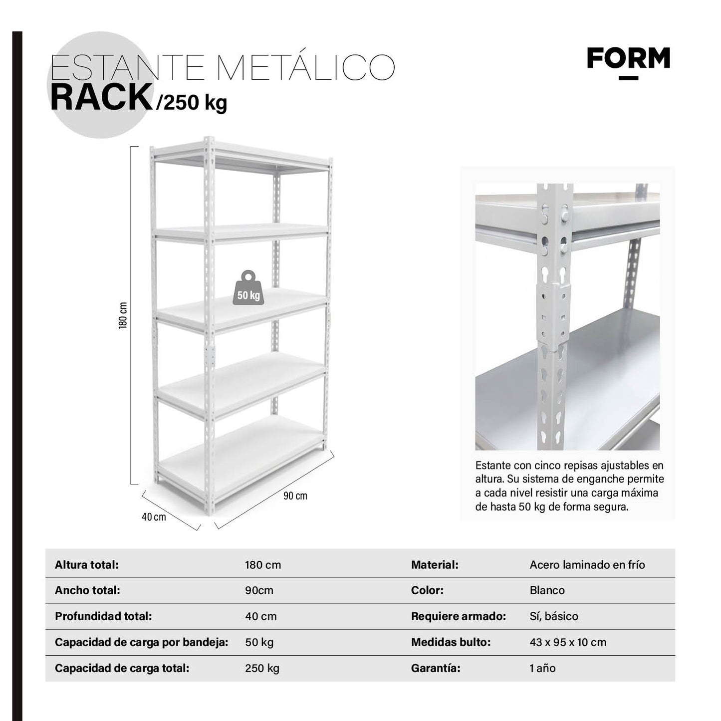 Estante Metálico Rack 90x40x180 250 Kg