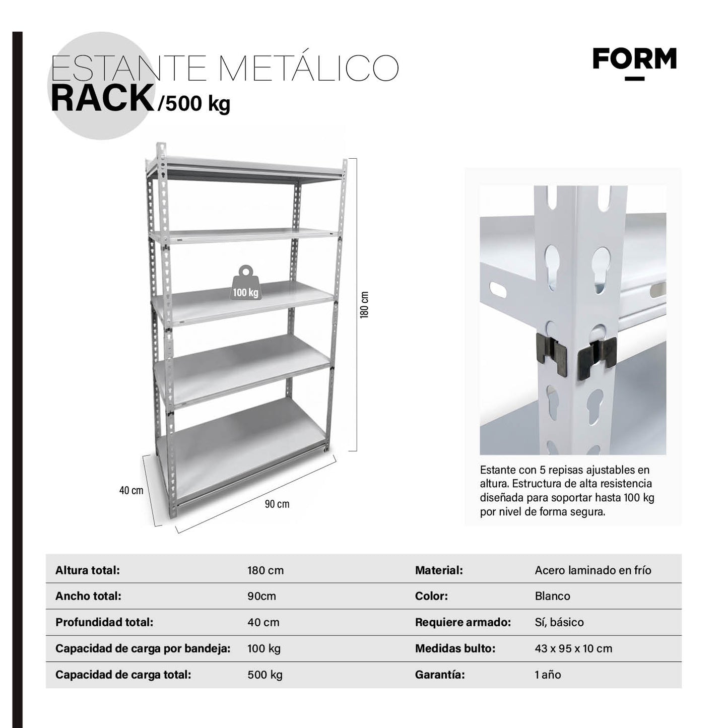Estante Metálico Rack 90x40x180 500 Kg