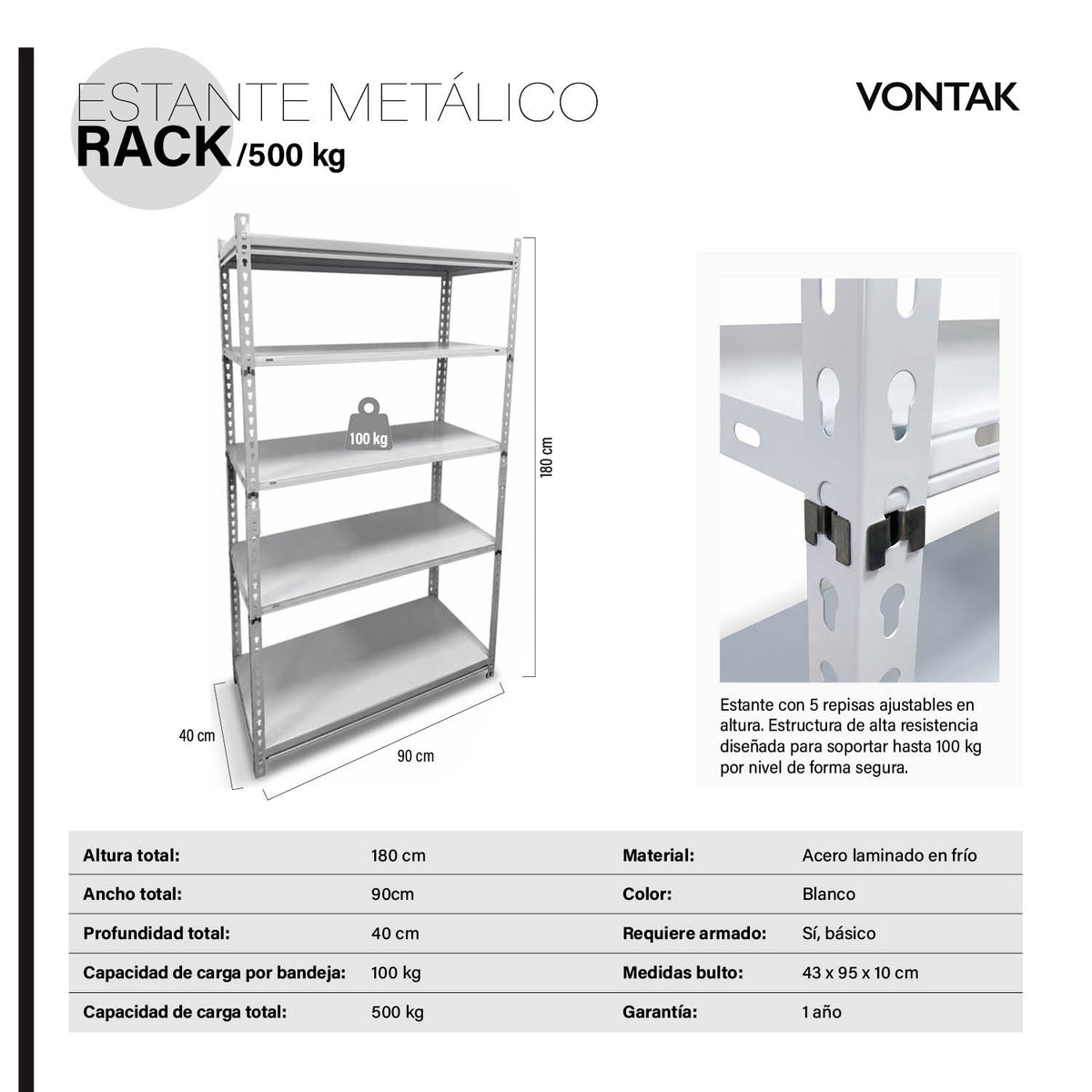 Estante Metálico Rack 90x40x180 500 Kg