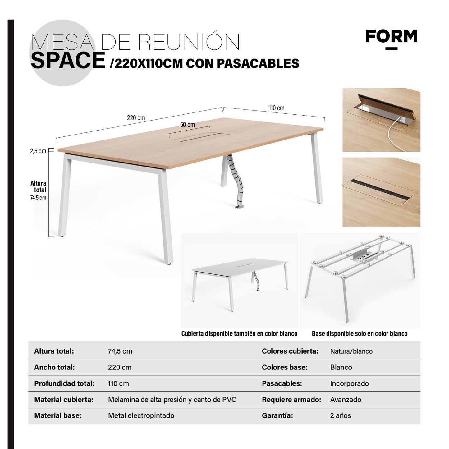 Mesa de Reunión Space con pasacables 220x110 Natura/Blanco - Vontak - Mesas de Reunion