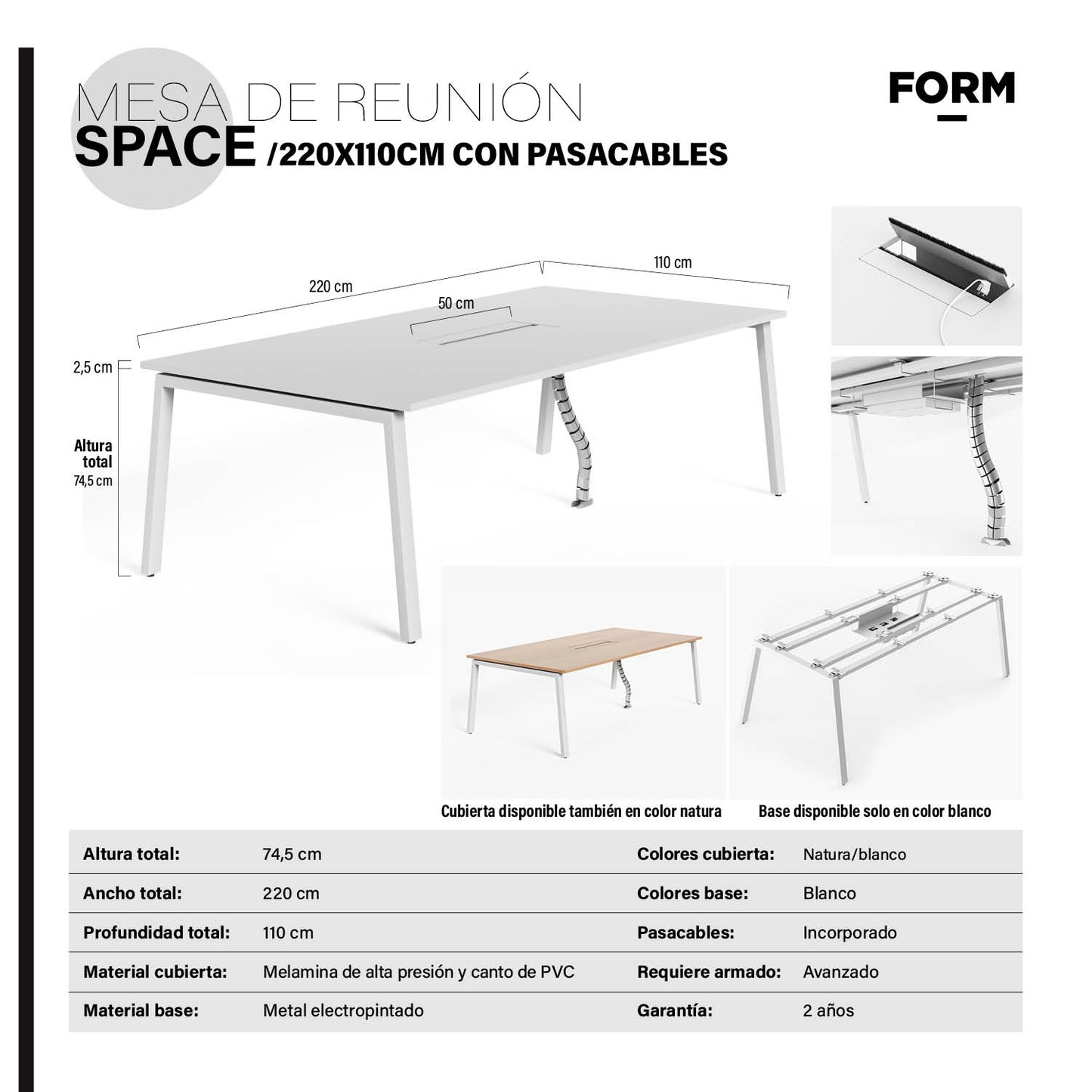 Mesa de Reunión Space con pasacables 220x110 Blanco - Vontak - Mesas de Reunion