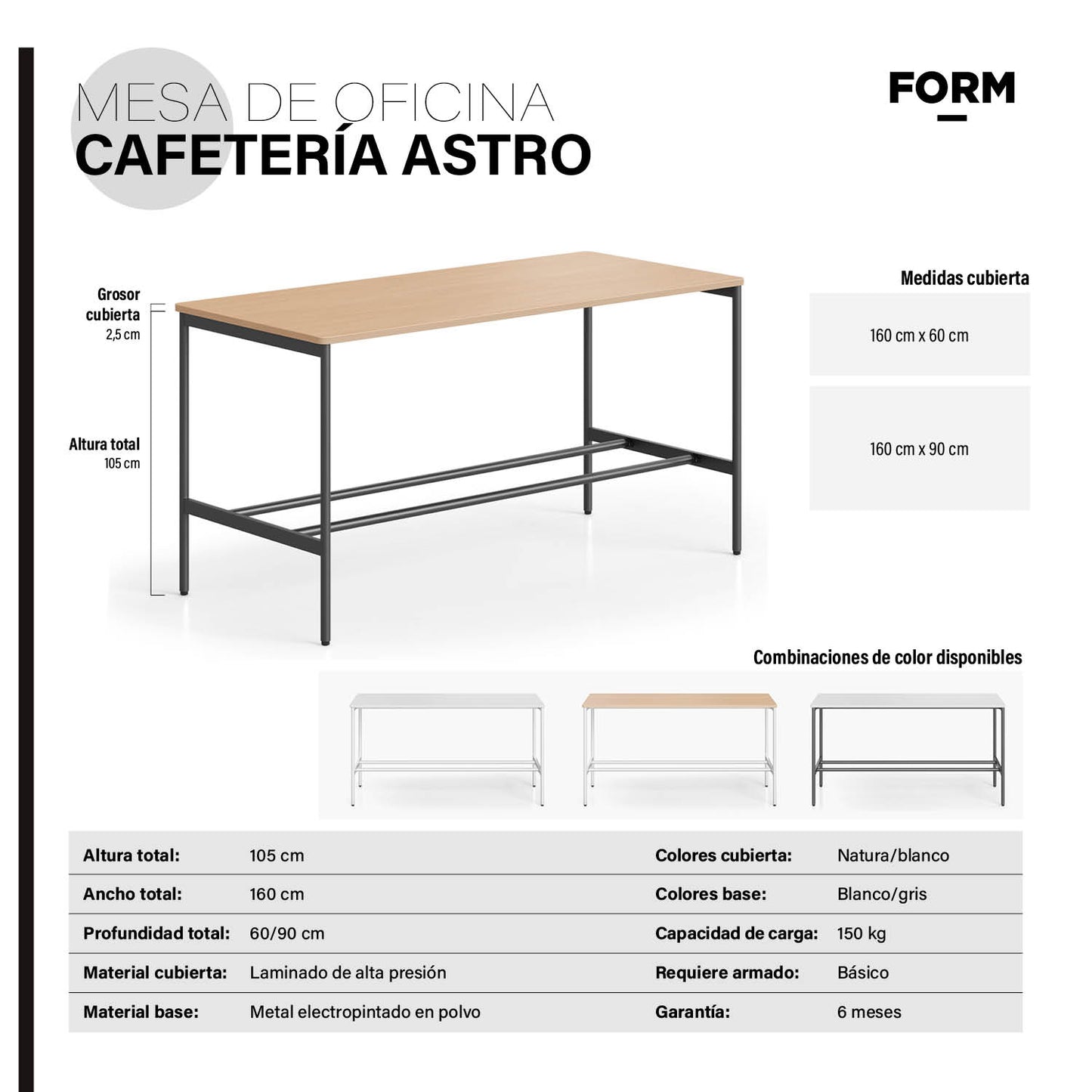 Mesa Oficina Cafetería Astro 160x60 Blanco/Gris