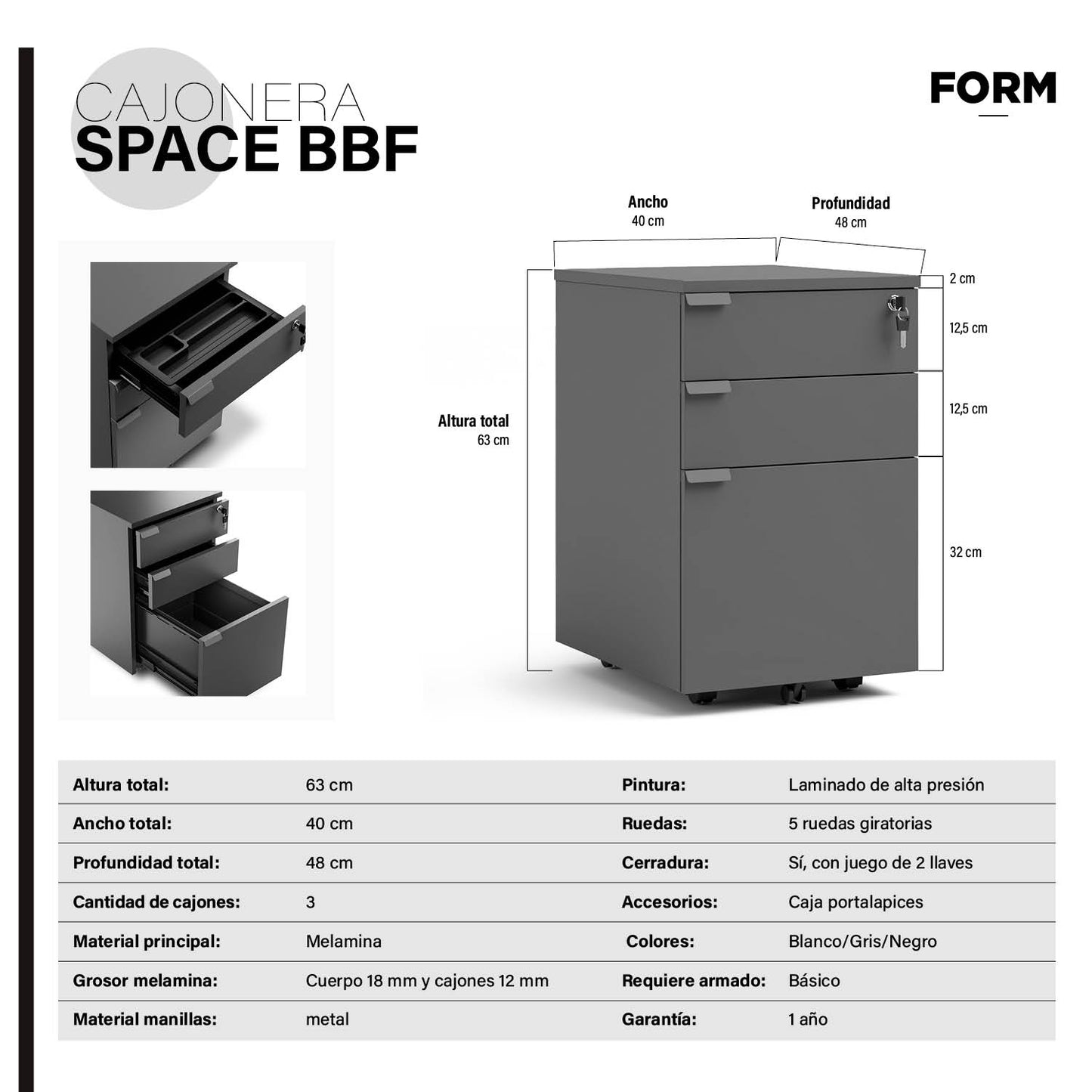 Cajonera Melamina Space BBF Gris - Vontak - Cajoneras Oficinas