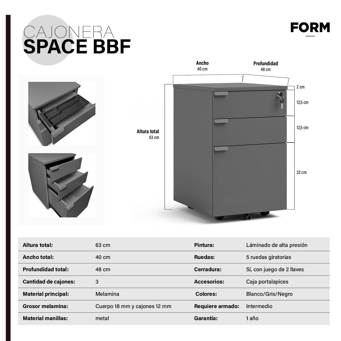 Cajonera Melamina Space BBF Gris