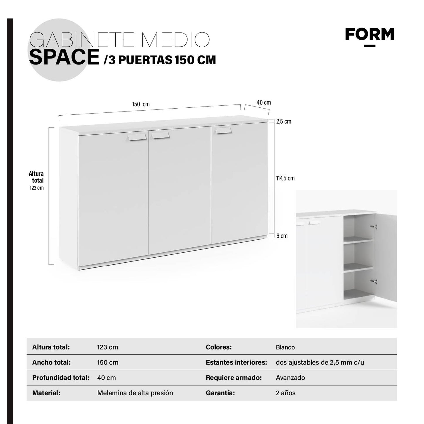 Gabinete Oficina Medio Space 3 puertas 150 Blanco - Vontak - Muebles Complementos