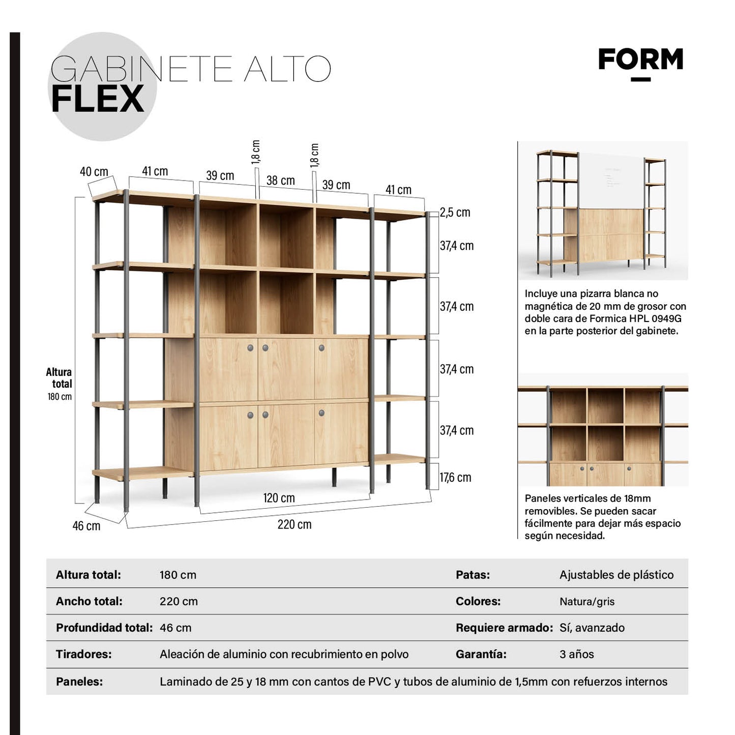 Gabinete Alto Flex Oficina 220x46x180 Natura/Gris