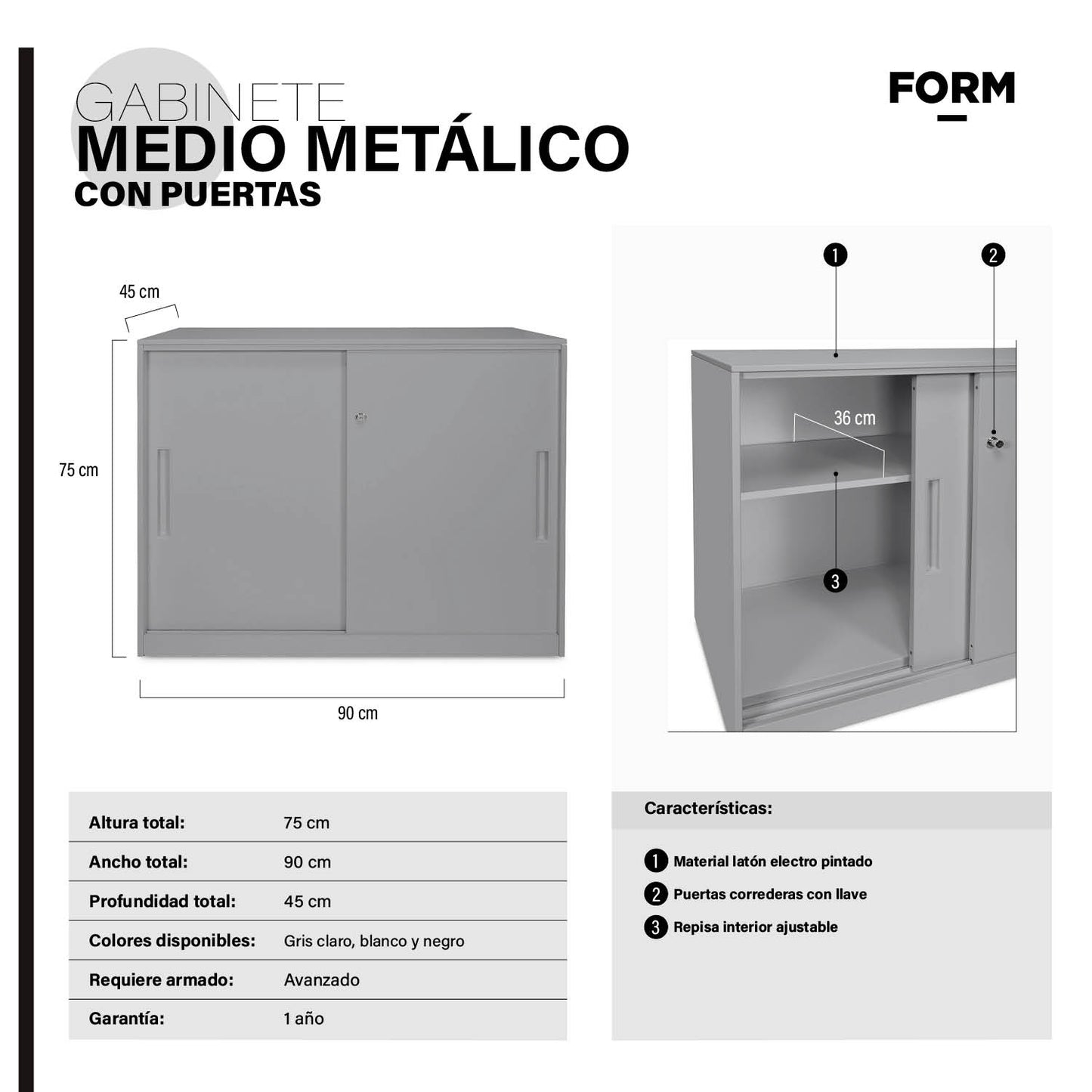 Gabinete Oficina Medio Metálico Con puertas Gris Claro