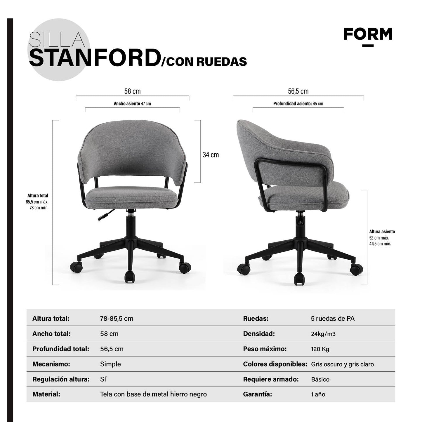 Silla Home Office Stanford con ruedas Gris Oscuro - Vontak - Sillas Oficina en Casa