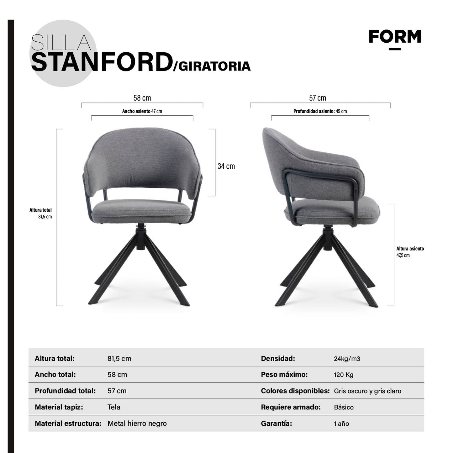 Silla Home Office Stanford Giratoria Gris Oscuro - Vontak - Sillas Oficina en Casa
