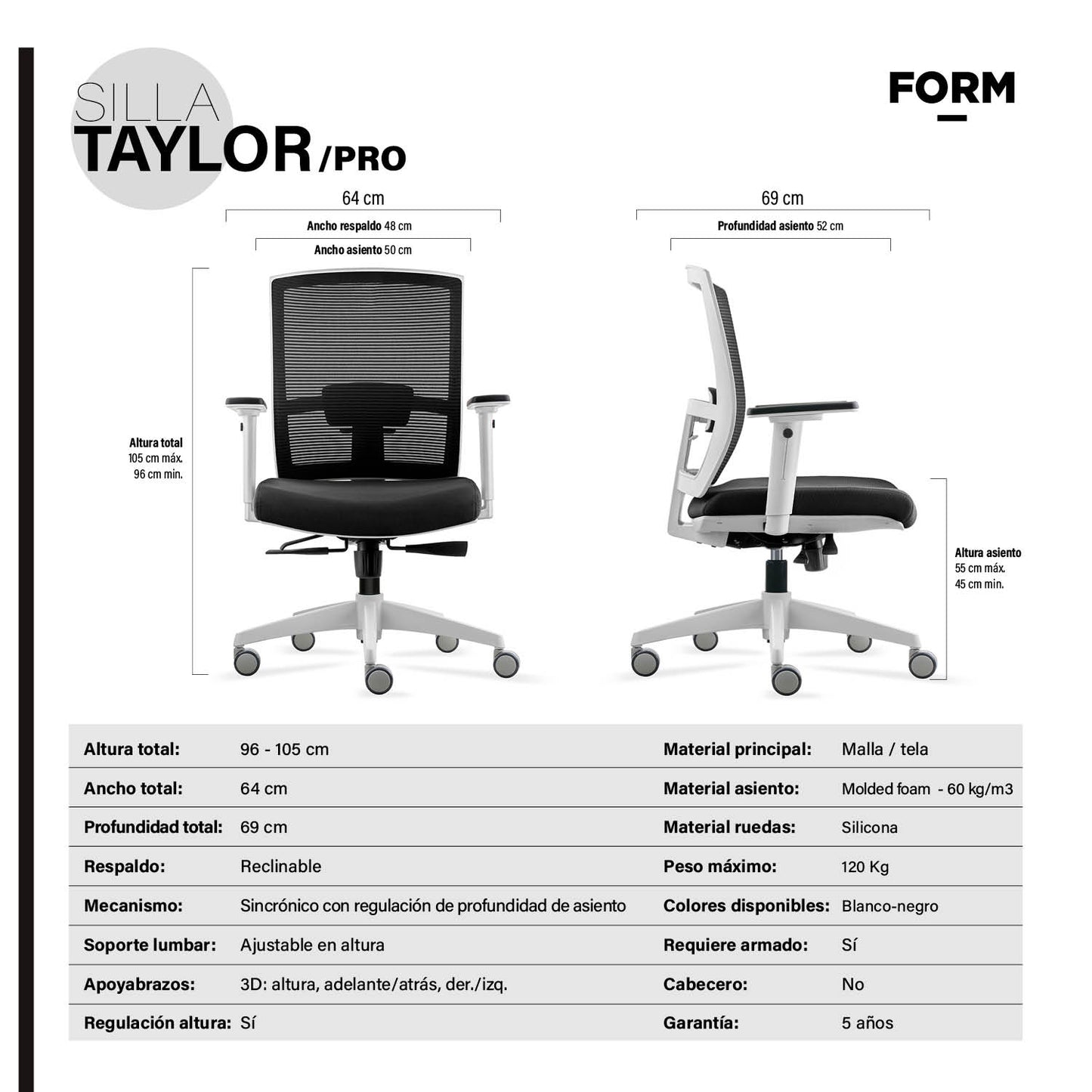 Silla Oficina Taylor Pro Negro/Blanco - Vontak - Sillas Ejecutivas