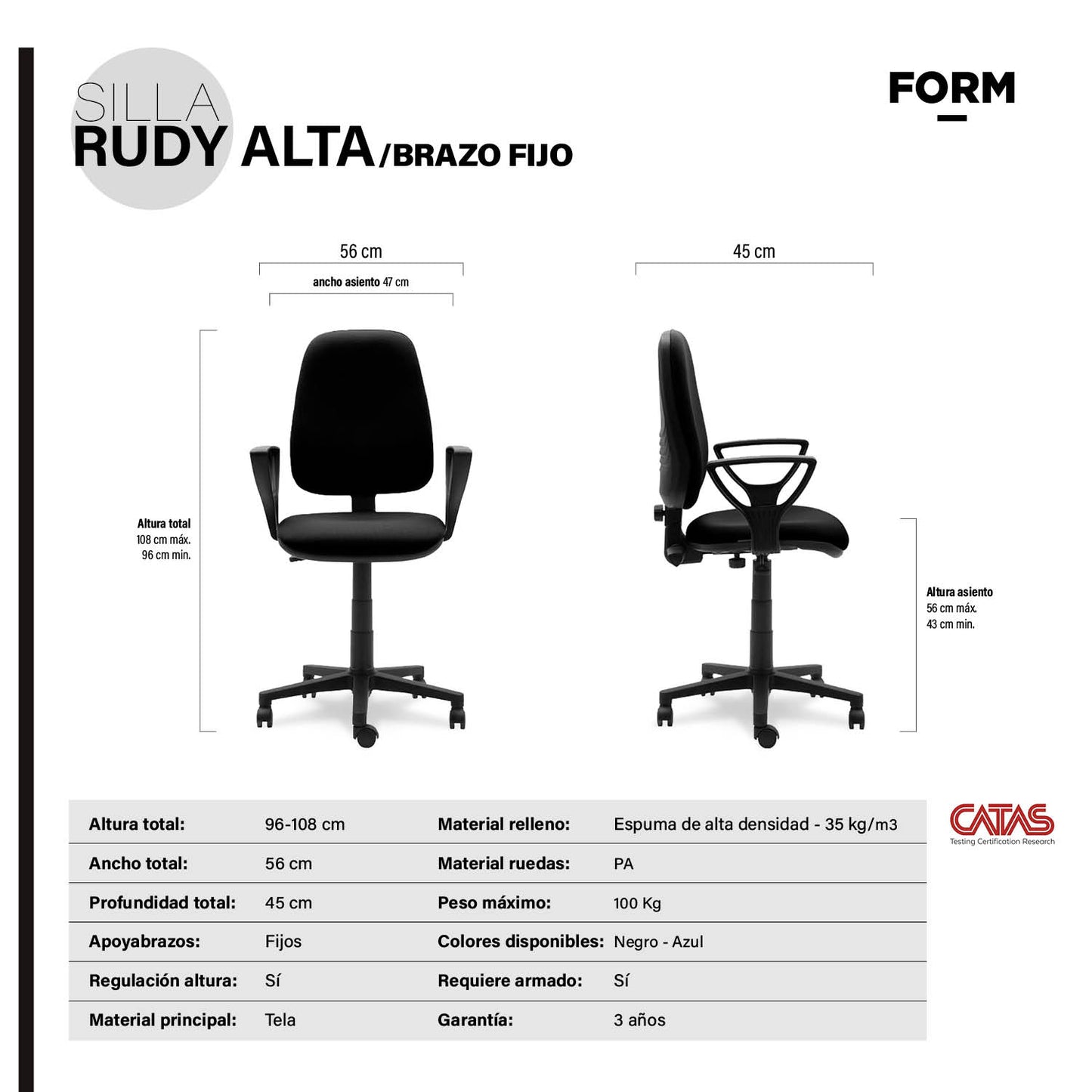 Silla Escritorio Rudy Alta Brazo Fijo Tela Negro - Vontak - Sillas Operativas