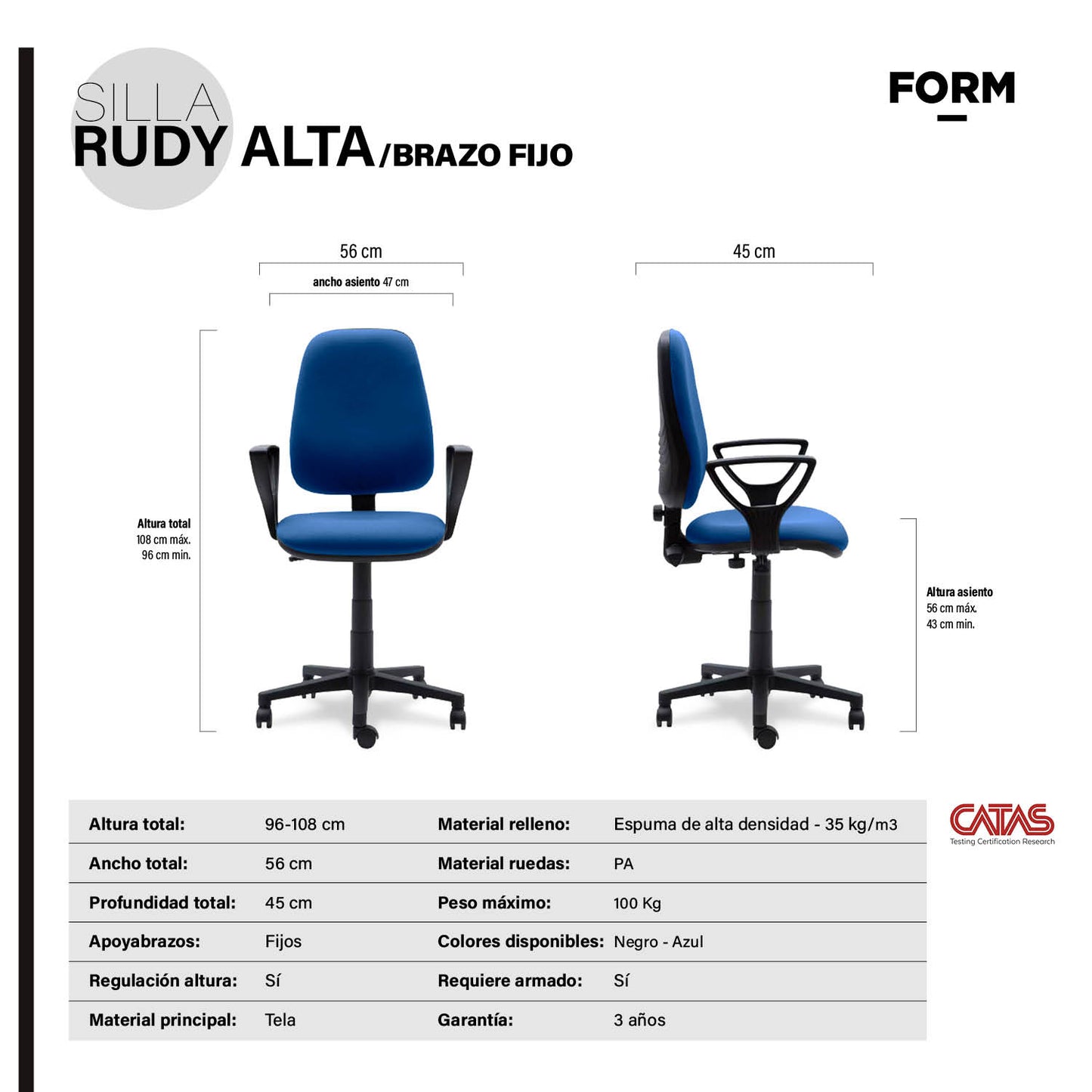 Silla Escritorio Rudy Alta Brazo Fijo Tela Azul - Vontak - Sillas Operativas