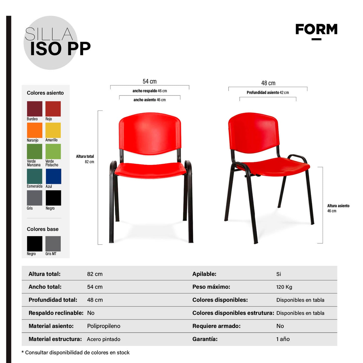 Silla Oficina Visita ISO PP Rojo Base Negro - Vontak - Sillas de Visita