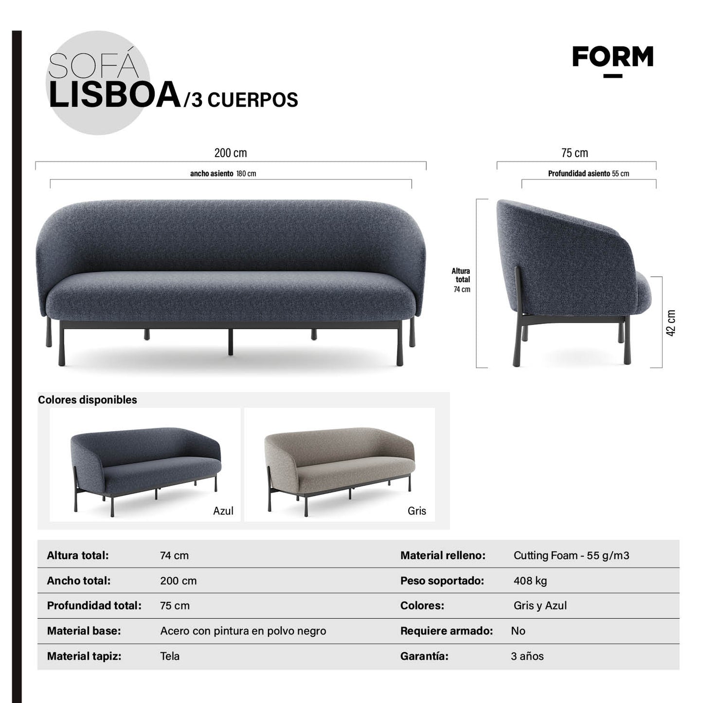 Sofá 3 Cuerpos Lisboa Azul
