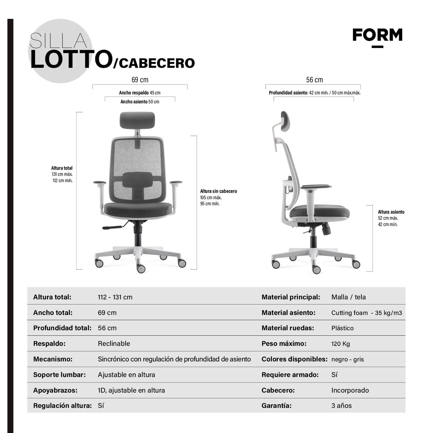 Silla Oficina Lotto c/cabecero Gris Claro