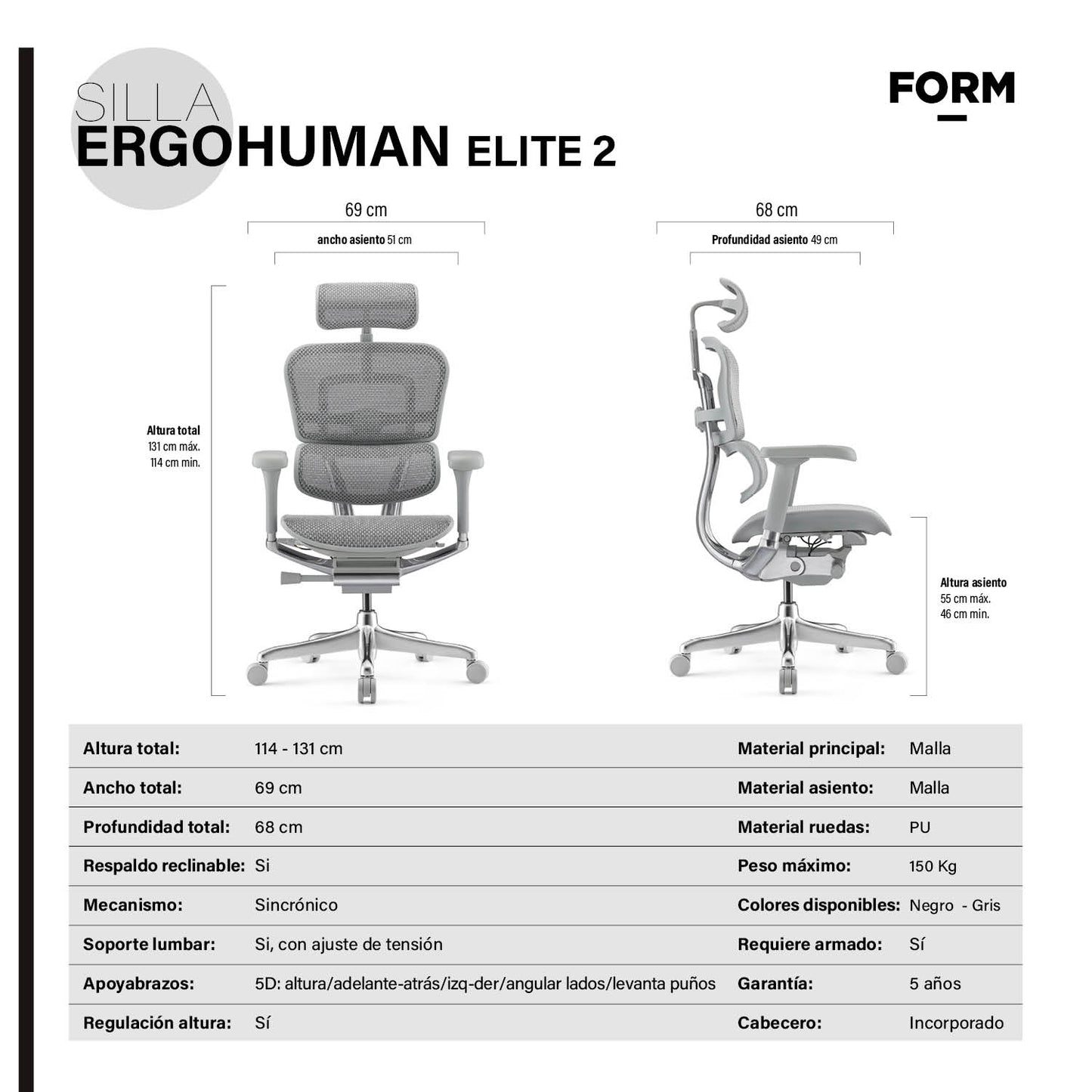 Silla Ergohuman Elite 2 Gris Claro