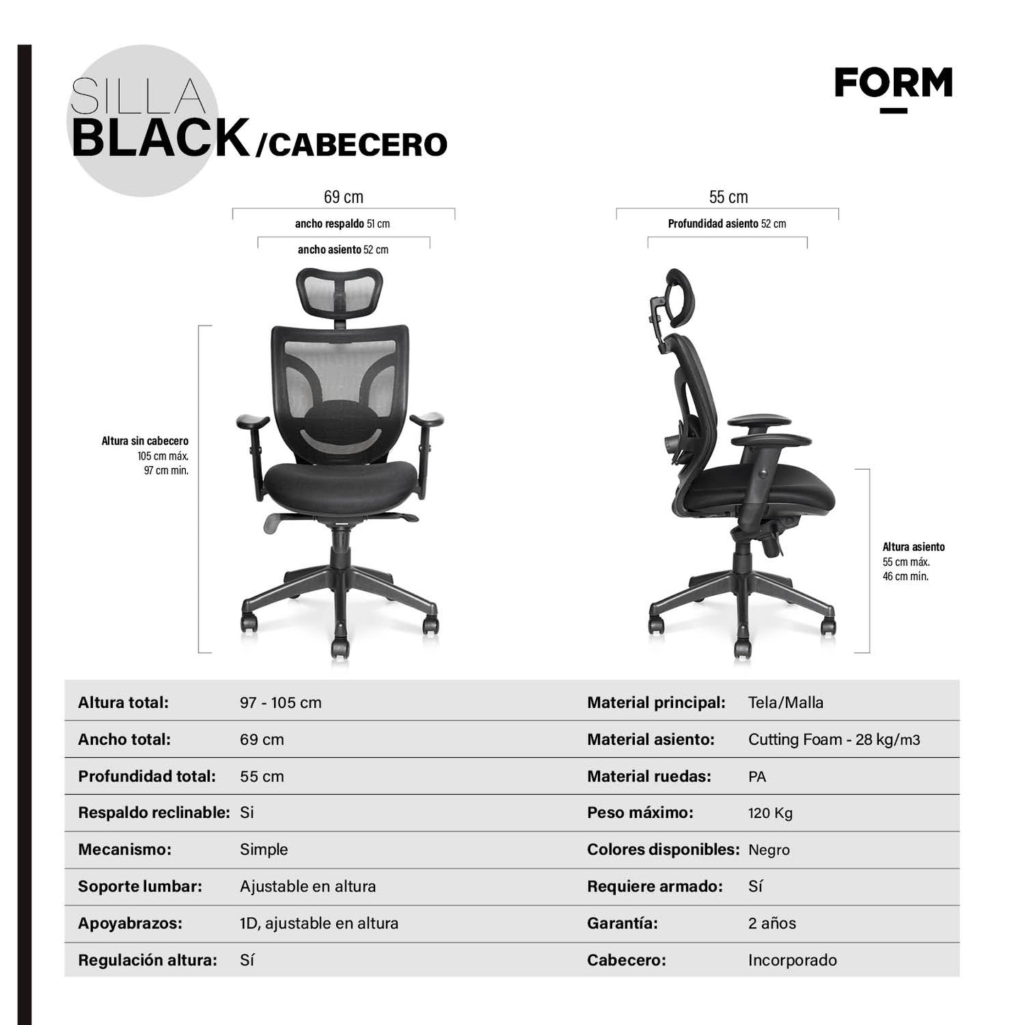 Silla Oficina Black Base Nylon c/cabecero Negro