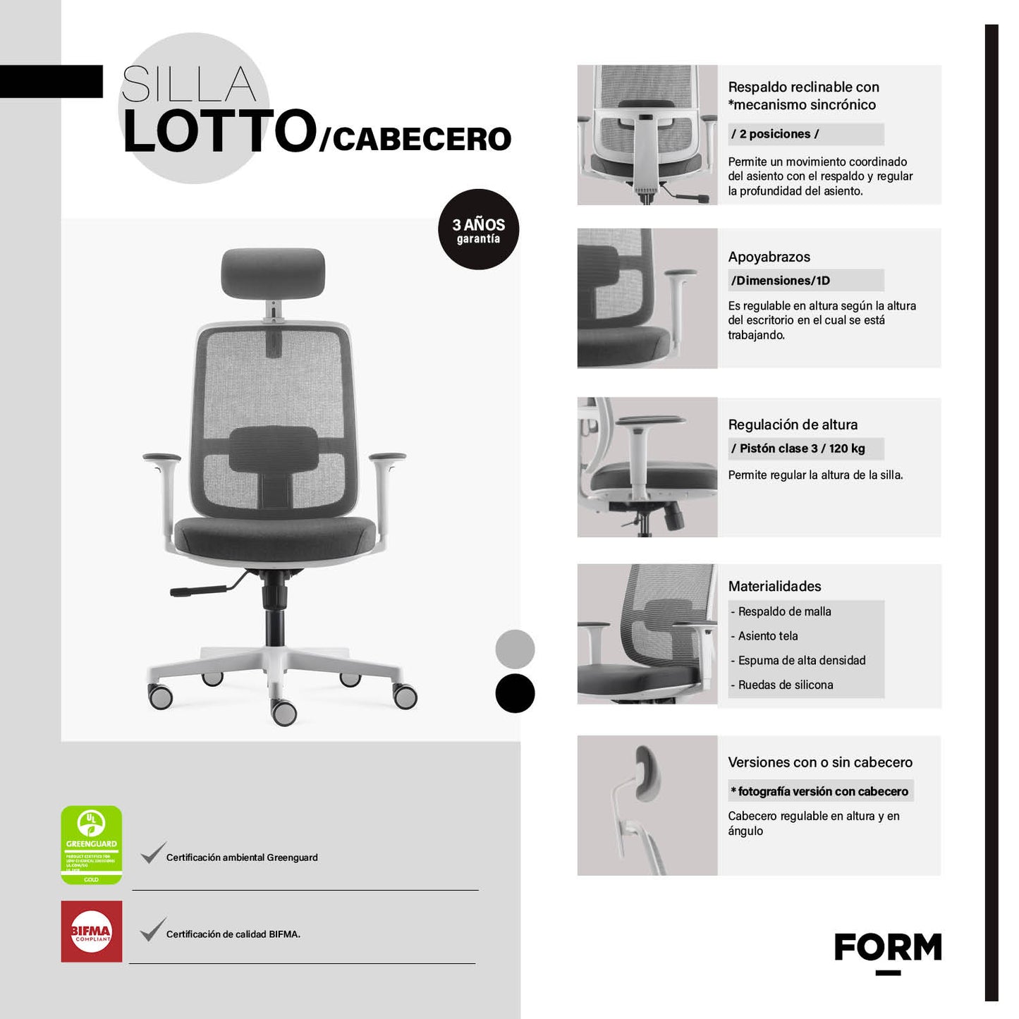 Silla Oficina Lotto con cabecero Gris Claro