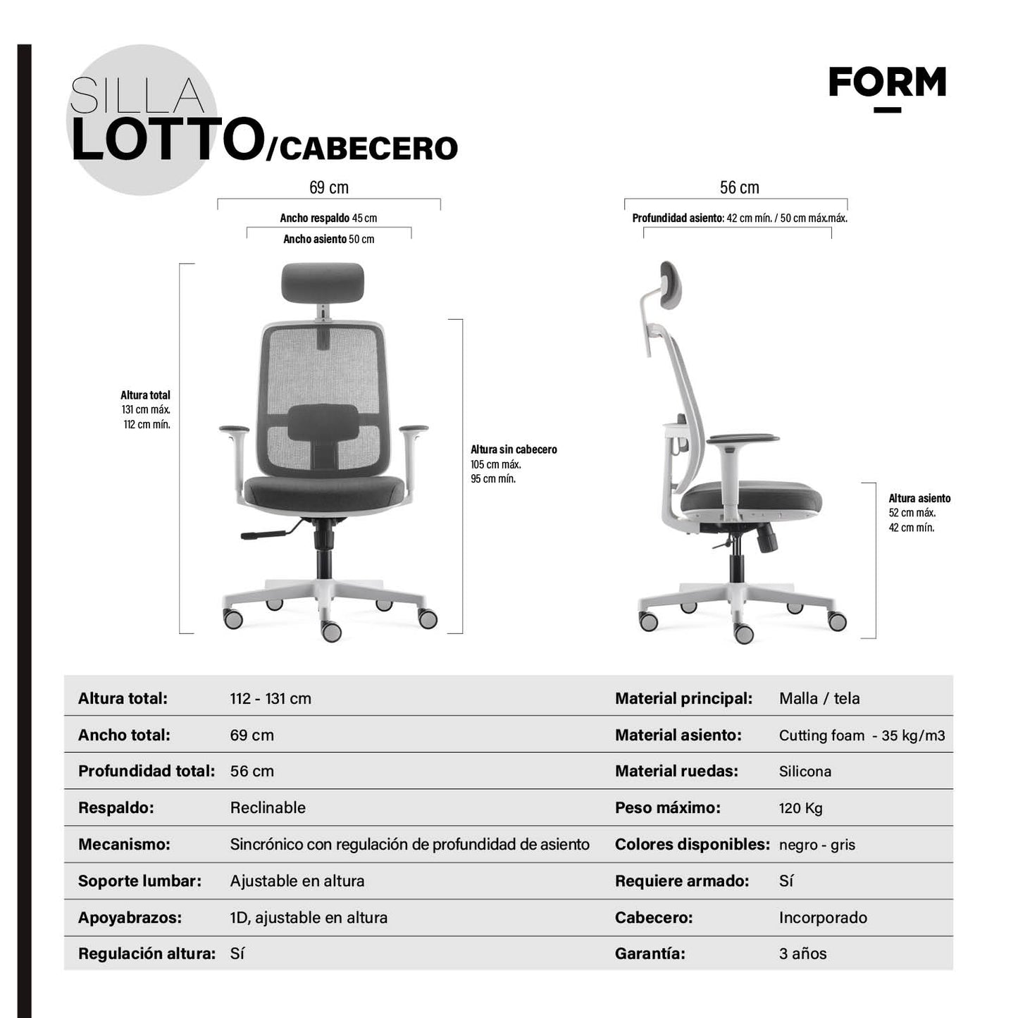 Silla Oficina Lotto con cabecero Gris Claro