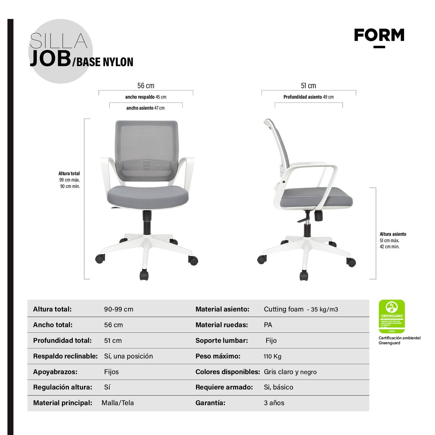 Silla Oficina Job Base Nylon Gris Claro