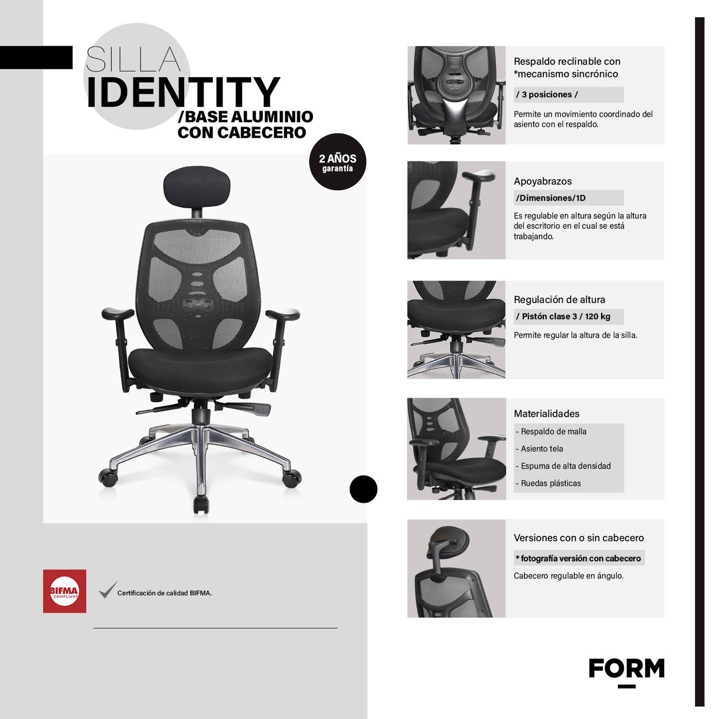 Silla Oficina Identity Base Aluminio con cabecero