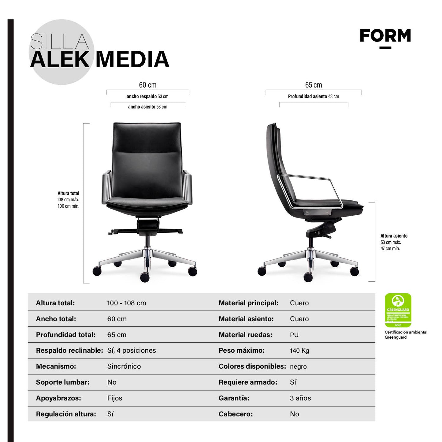 Silla oficina Alek Media Negro