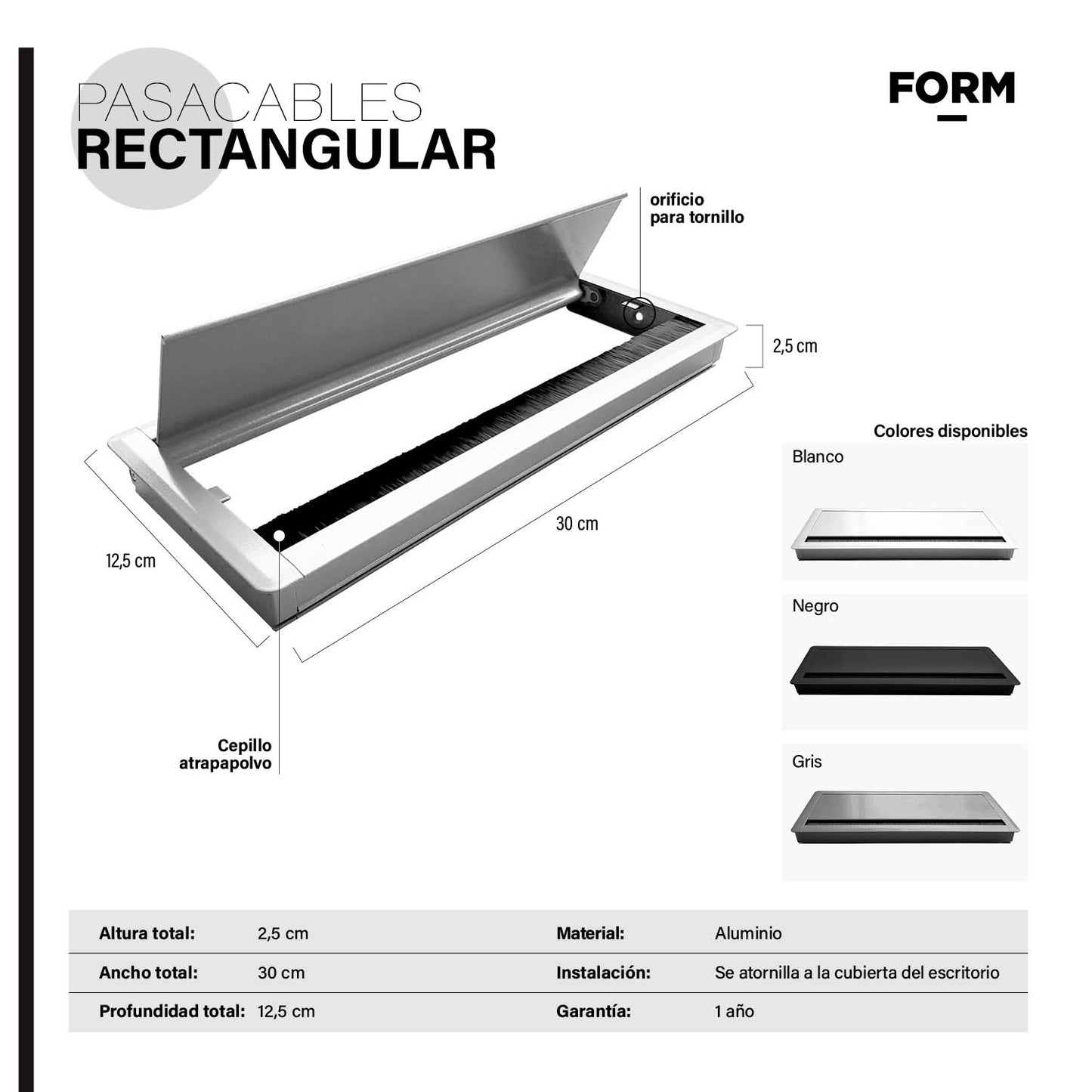 Pasacables Rectangular Negro
