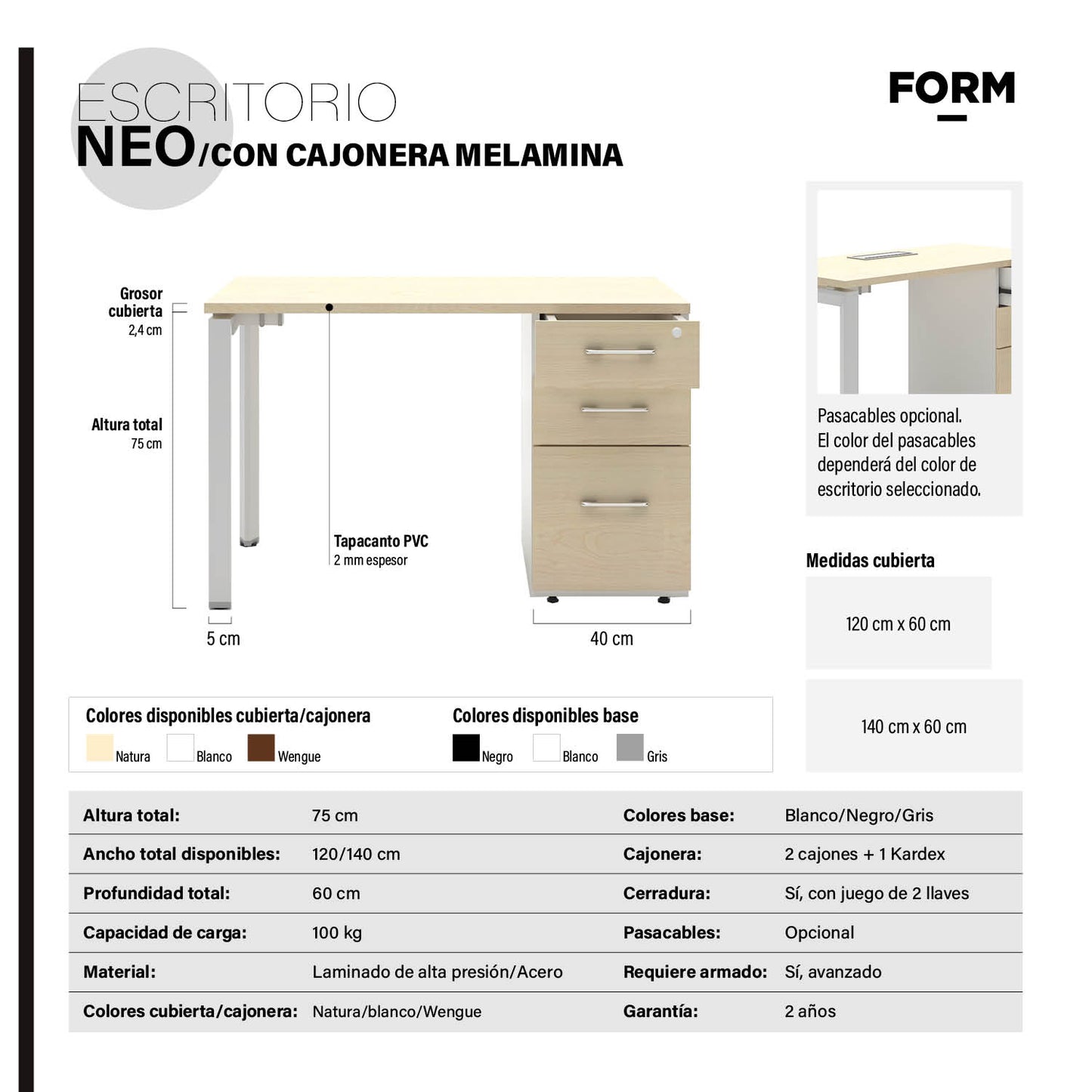 Escritorio Neo con pasacables 140x60 con cajonera melamina